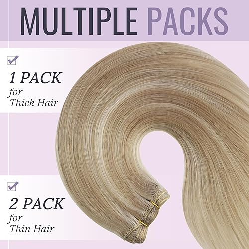 Miniatura 2 de Fshine Extensiones de cabello humano de 20 pulgadas, 3.53 onzas, reflejos rubio ceniza oscuro con rubio dorado, extensiones de cabello humano real,