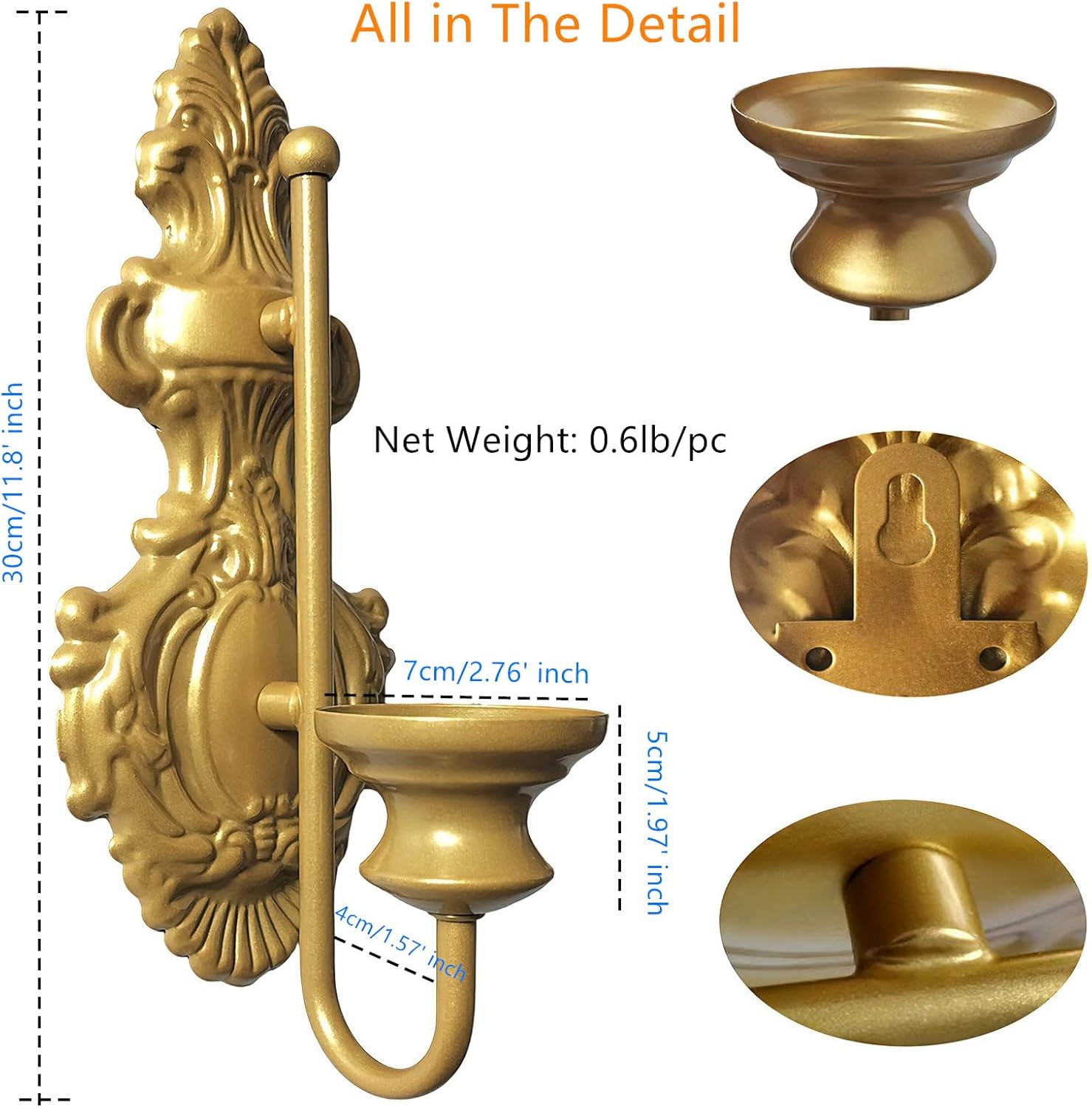 Wall Sconce Candle Holder, Metal Wall Mounted Candle Sconces, Iron Pillar Candle Sconce for Room, Hallway, Entryway, Bathroom, 2 Pack (Vintage Gold)