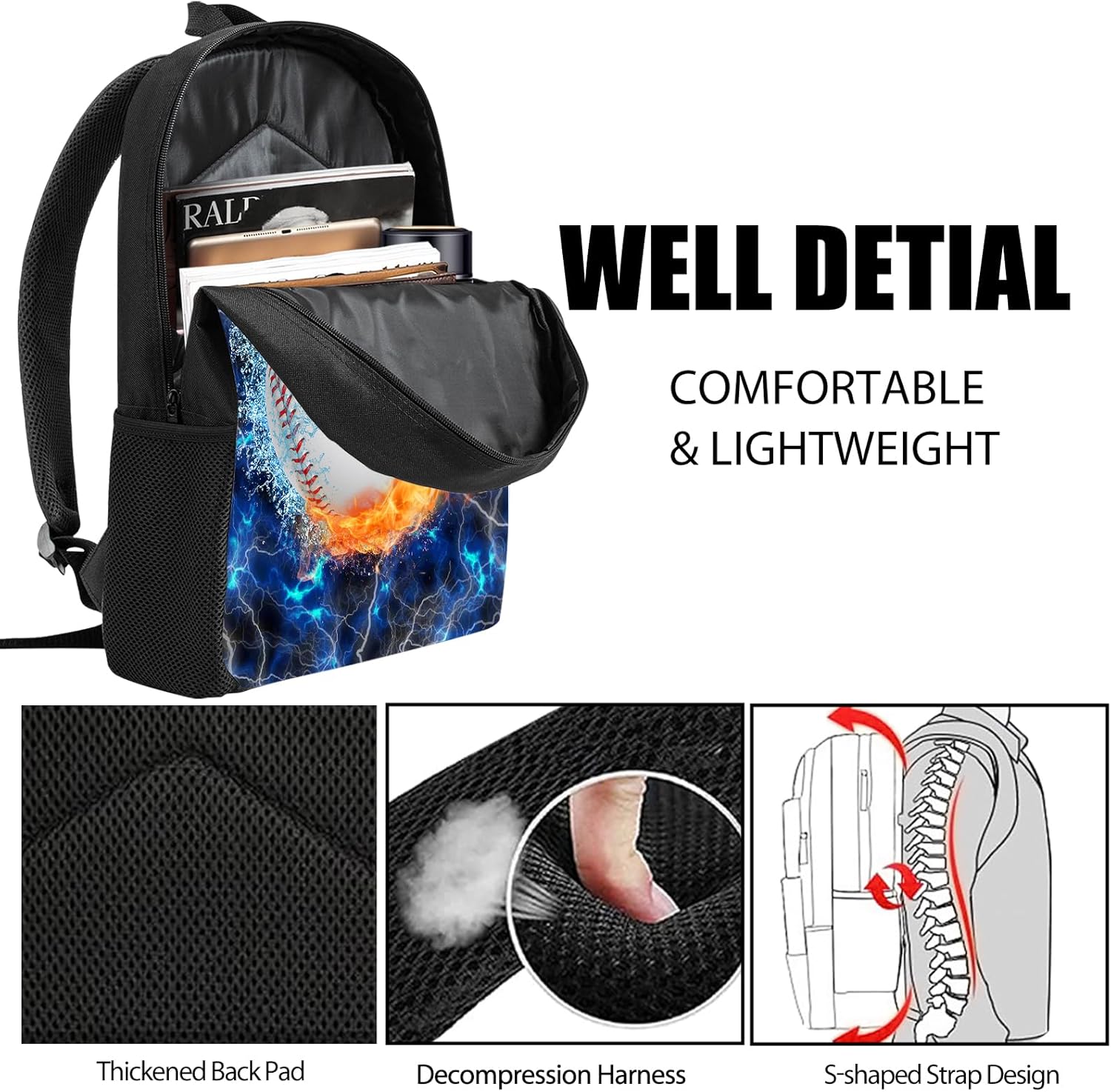 3PCS Baseball Backpack Set for Boys, Large Lightweight School Backpack with Lunch Bag & Pencil Case, Back to School Cool Sport Bookbag for Kids, Elementary Middle School Students - Blue