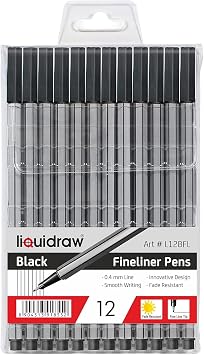 Liquidraw Black Fineliner Pens - 12 Set | Fine 0.4 mm Tip | Easy Storage Wallet | Ideal Pens For Artists, Handwriting, Calligraphy, Sketching & Illustrations | Ergonomic Design | Fade Resistant Ink