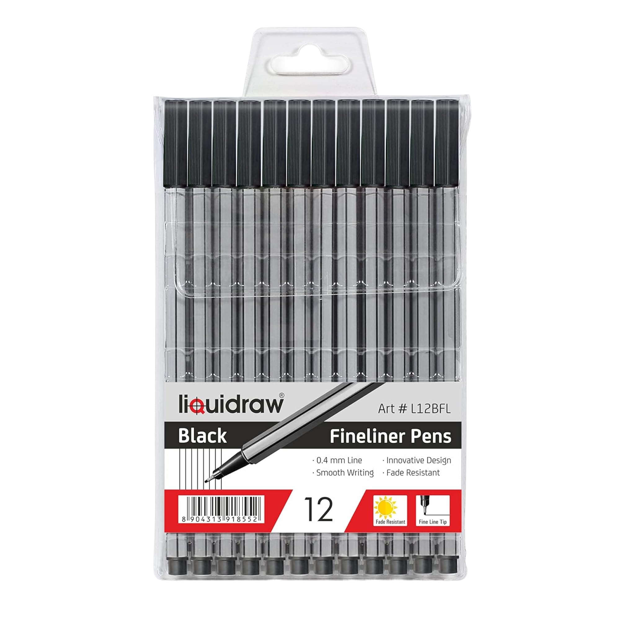 LiquidrawBlack Fineliner Pens - 12 Set | Fine Point 0.4 mm Tip | Storage Wallet | Black Coloured Pens For Artists, Handwriting, Drawing, Calligraphy, Sketching | Ergonomic Design | Fade Resistant Ink