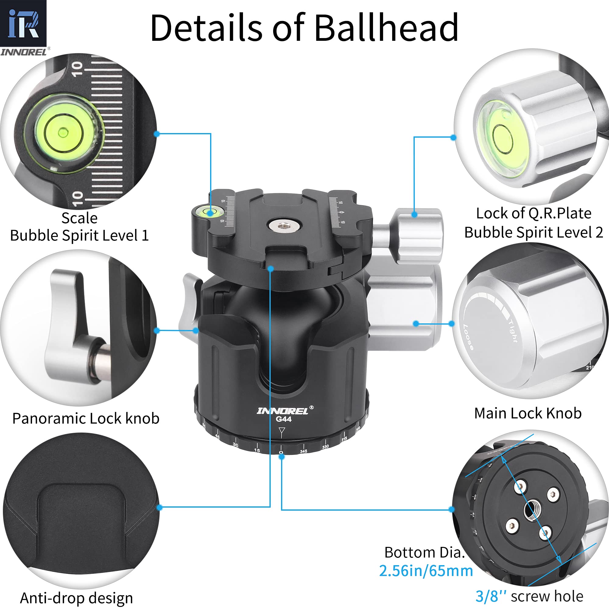 Cabezal de Bola de trípode de Perfil bajo-INNOREL G44 Rótula panorámica de trípode de cámara de Metal CNC con Placa de liberación rápida Arca Swiss de 1/4" para trípodes, monopié, DSLR, videocámara
