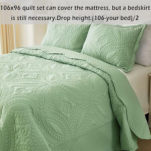 Miniatura 2 de Colcha tamaño King de 106 x 96 pulgadas, edredón de 3 piezas King con 2 fundas, juego de edredón ligero verde salvia para todas las estaciones,