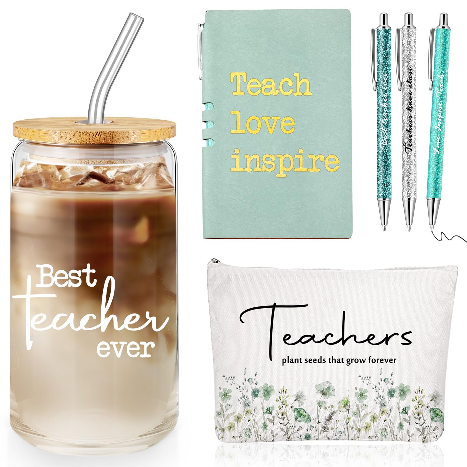 Domensi 6 Pcs Teacher Appreciation Gifts, Best Teacher Ever A6 Notepad, 16 oz Glass Cup, Makeup Bag, Inspirational Pens, Thank You Teachers Gifts for