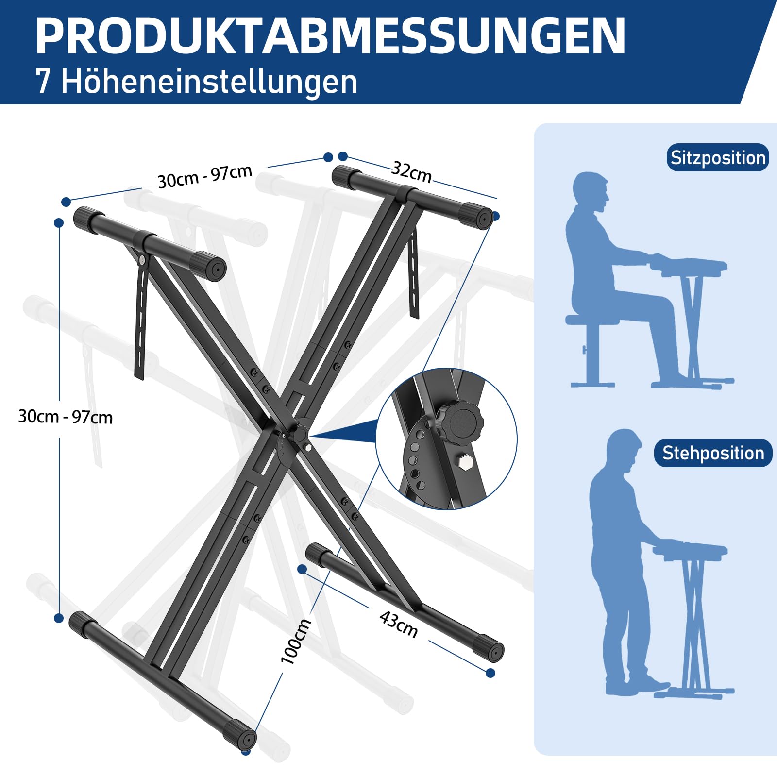 GLEAM Keyboardständer für E-Pianos - Robuster Doppel-X-Stil mit Verriegelungsgurten, passt für 54-88 Tasten E-Pianos, DJ-Mixer, Turntables, Synths und MIDI-Keyboards. Tragfähigkeit 45 kg