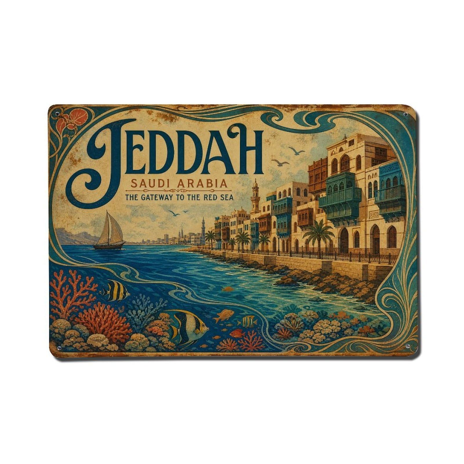Metal Tin Sign Vintage Travel Saudi Arabia Jeddah