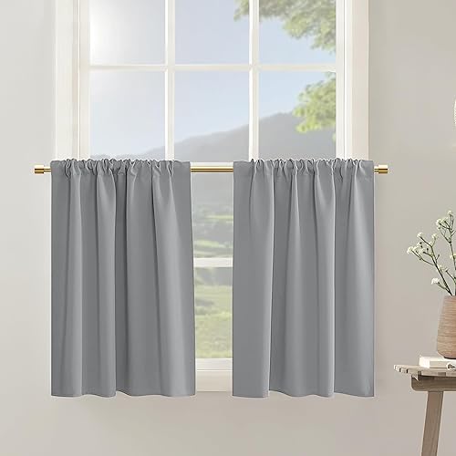 Cortinas cortas de media ventana gris claro de 30 pulgadas de largo para tratamientos de ventanas pequeñas, bolsillo para barra, cortinas opacas