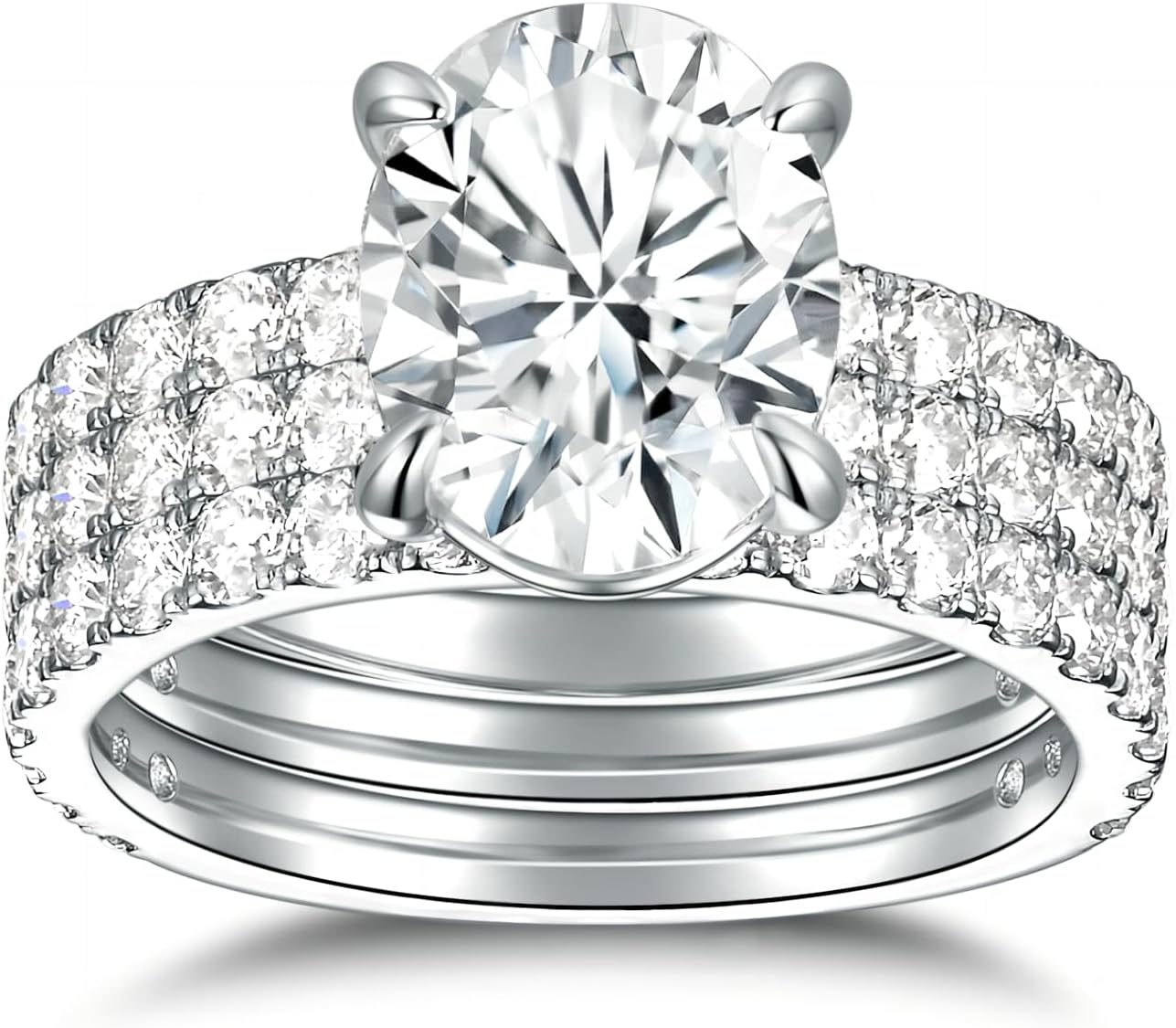 Moissanite Wedding Rings Bridal Set Total 3.8-4.74cttw 3CT Center Round Oval Cut Sterling Silver D Color Wedding Ring Set