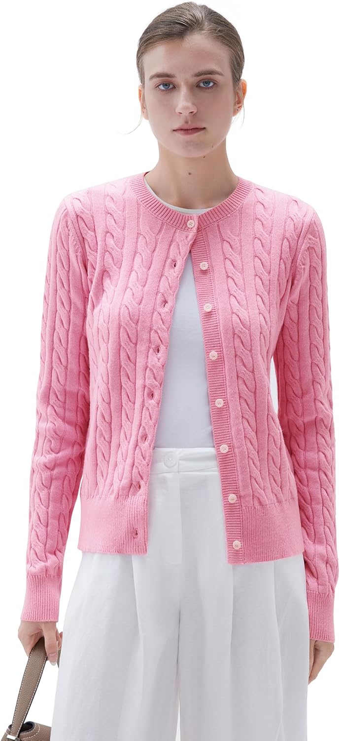 SUUKSESS Women Cable Knit Cashmere Blend Sweaters Crew Neck Button Up Chunky Cardigan Long Sleeve Fall Outfits