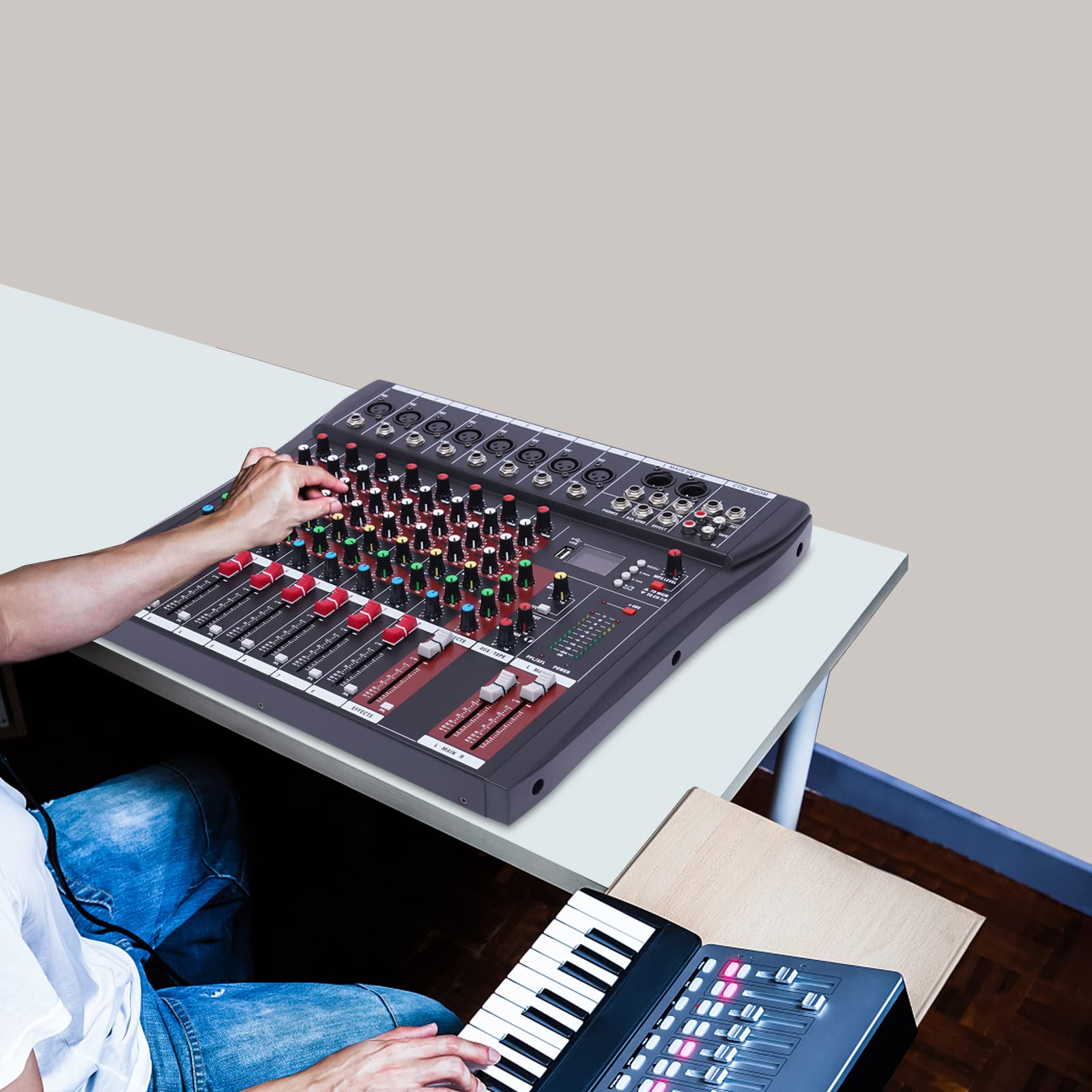 Mesa de mezclas, mezclador de audio, mezclador profesional, consola de soundboard, sistema de mesa de 8 canales, interfaz digital, negro para KTV, idioma del campus, conferencias, bares