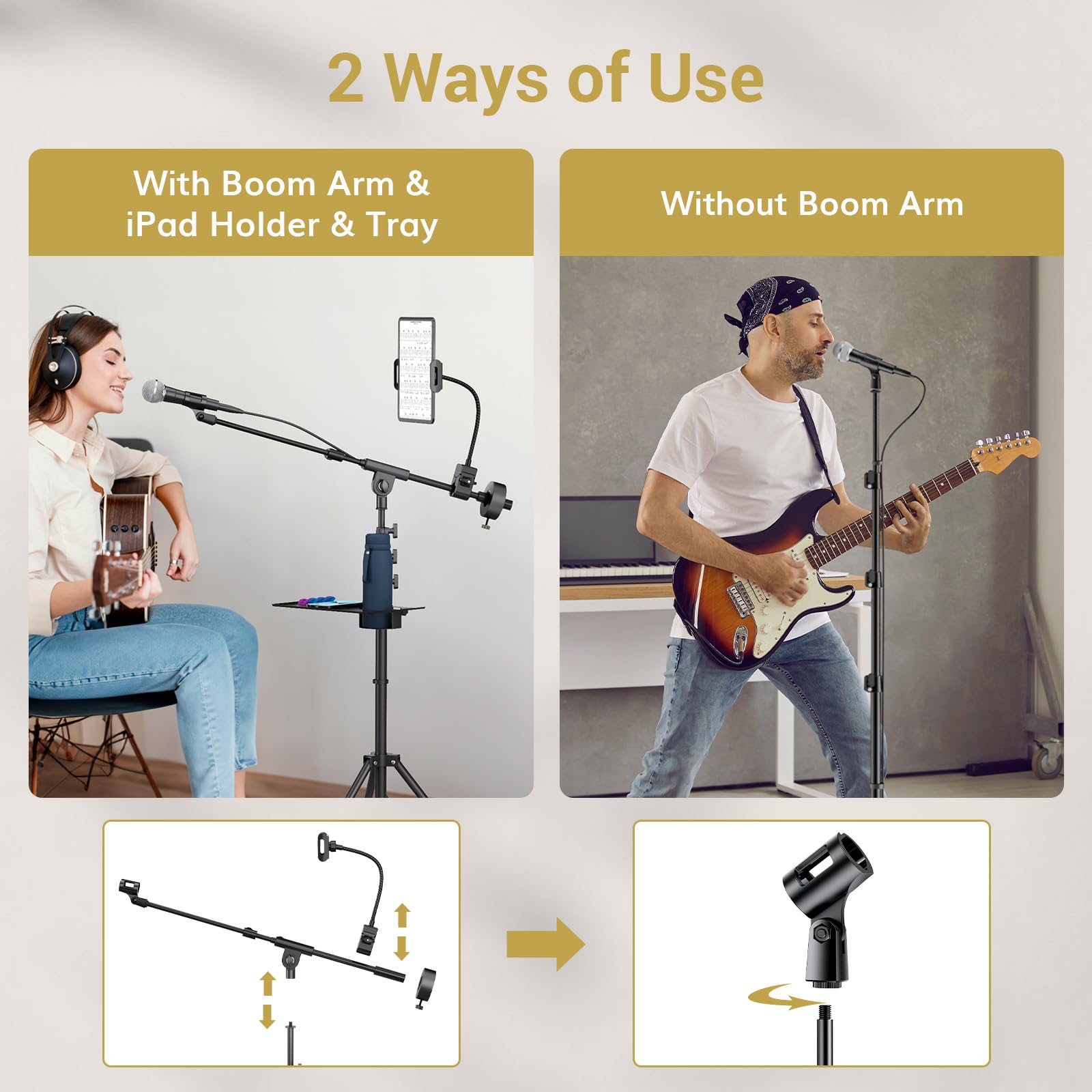 TONOR Microphone Stand with Tablet Holder, Cup Tray, Extra Weights, Tripod Boom Arm for Floor, Adjustable Height and Angle, Heavy Duty Stand with Carrying Bag, Pad Clamp, Compatible with Yeti, T35+