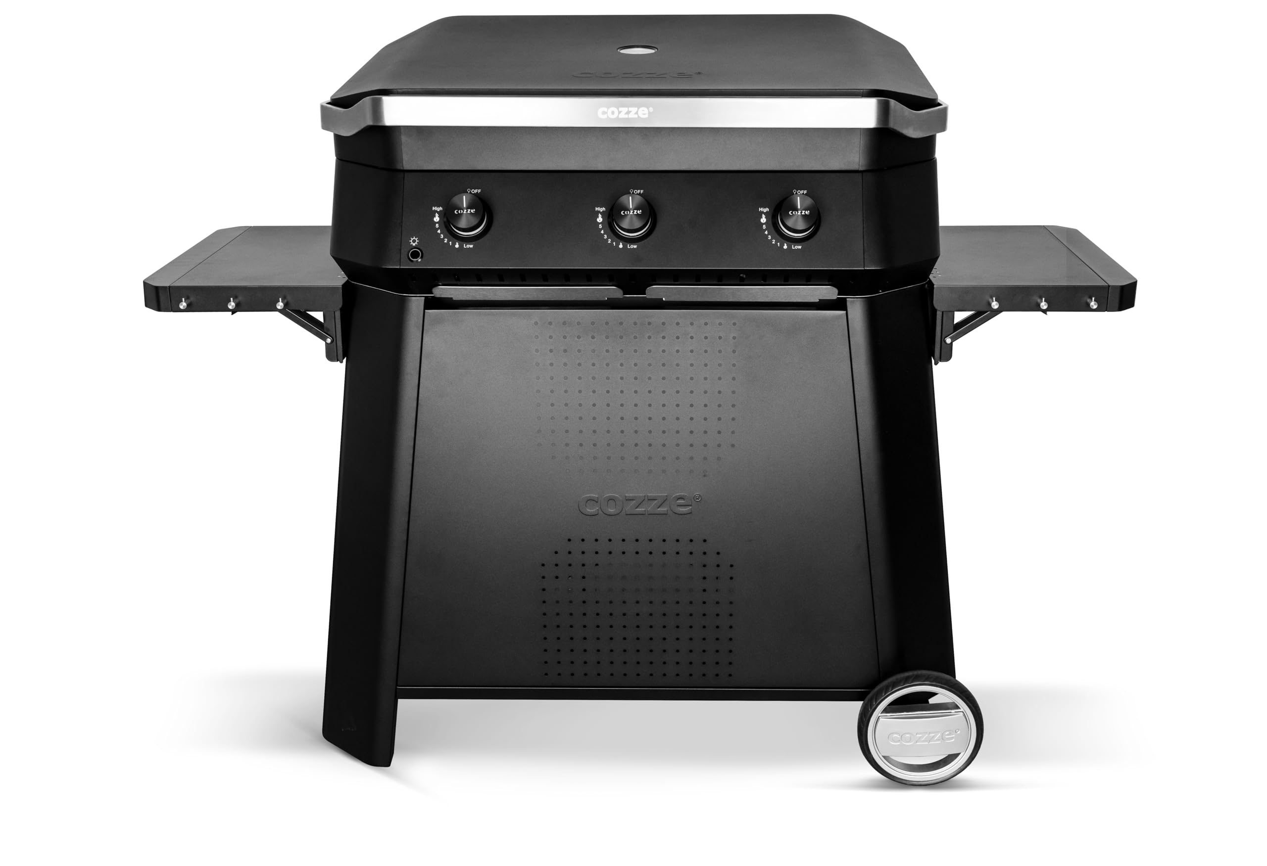 cozze Table Extérieure Polyvalente Idéale pour Plancha 800, 1460x700x745 mm, avec Tables Latérales Pliables et Crochets, Noire et Résistante, Noir