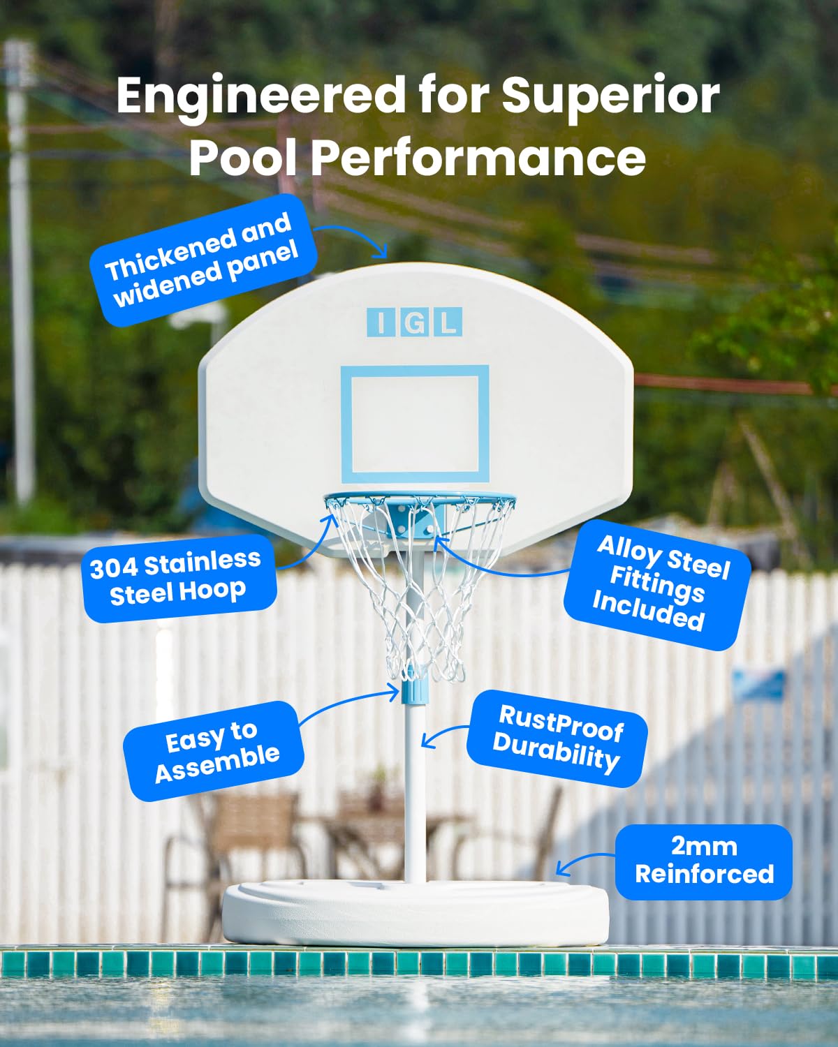 IGL Pool Basketball Hoop Poolside, Height Adjustable Swimming Basketball Hoop Outdoor for Pool, Anti-rust Stainless Steel Rim, Portable Basketball Goal System, Fillable Base, Includes 2 Balls and Pump