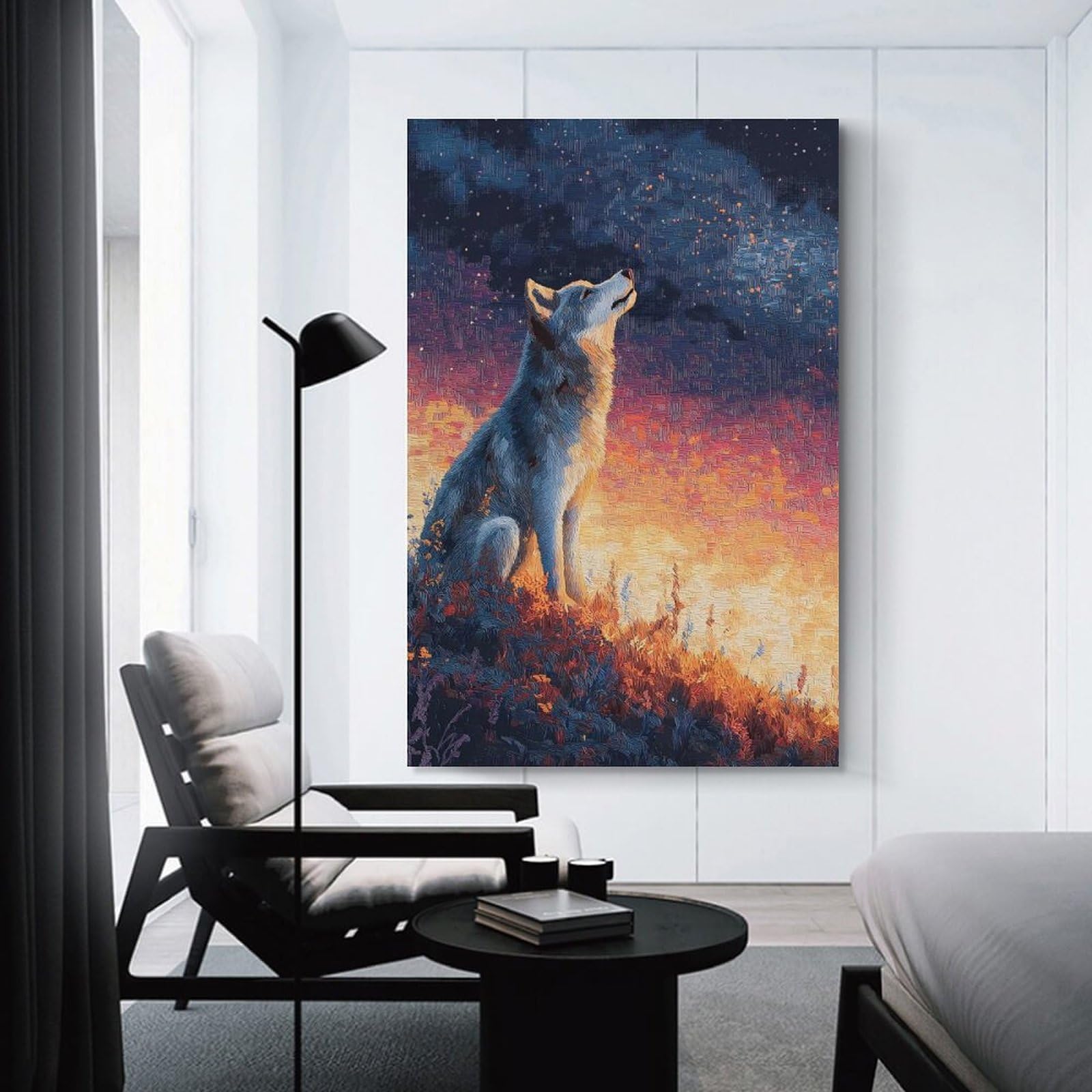 Junmoney Canvas Art Print Wolf Howling at Starry Sky, 12x18inch(30x45cm), for Feature Walls in Flats Or Modern Rooms, Wall Decor Suited to Curated Displays