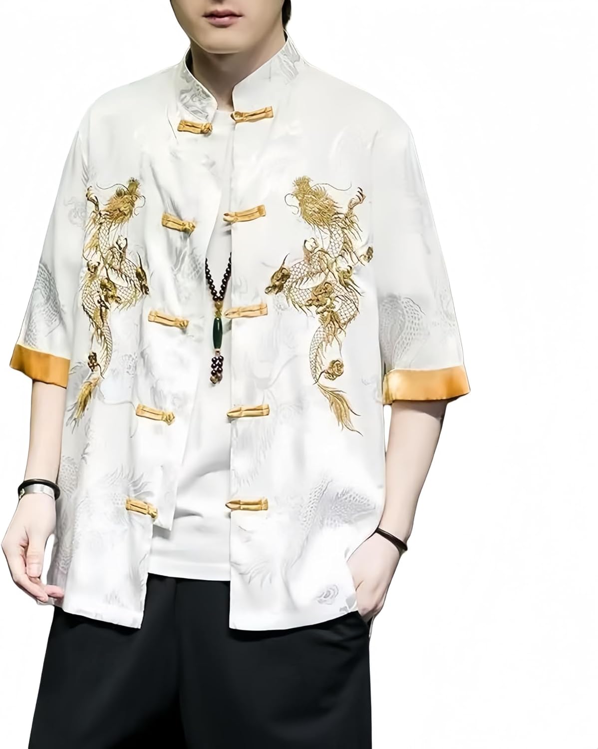 Men's Kung Fu Shirt,Traditional Chinese Hanfu Tang Suit Coat with Silk Printing,Half Sleeve Top for Casual Summer Outfits