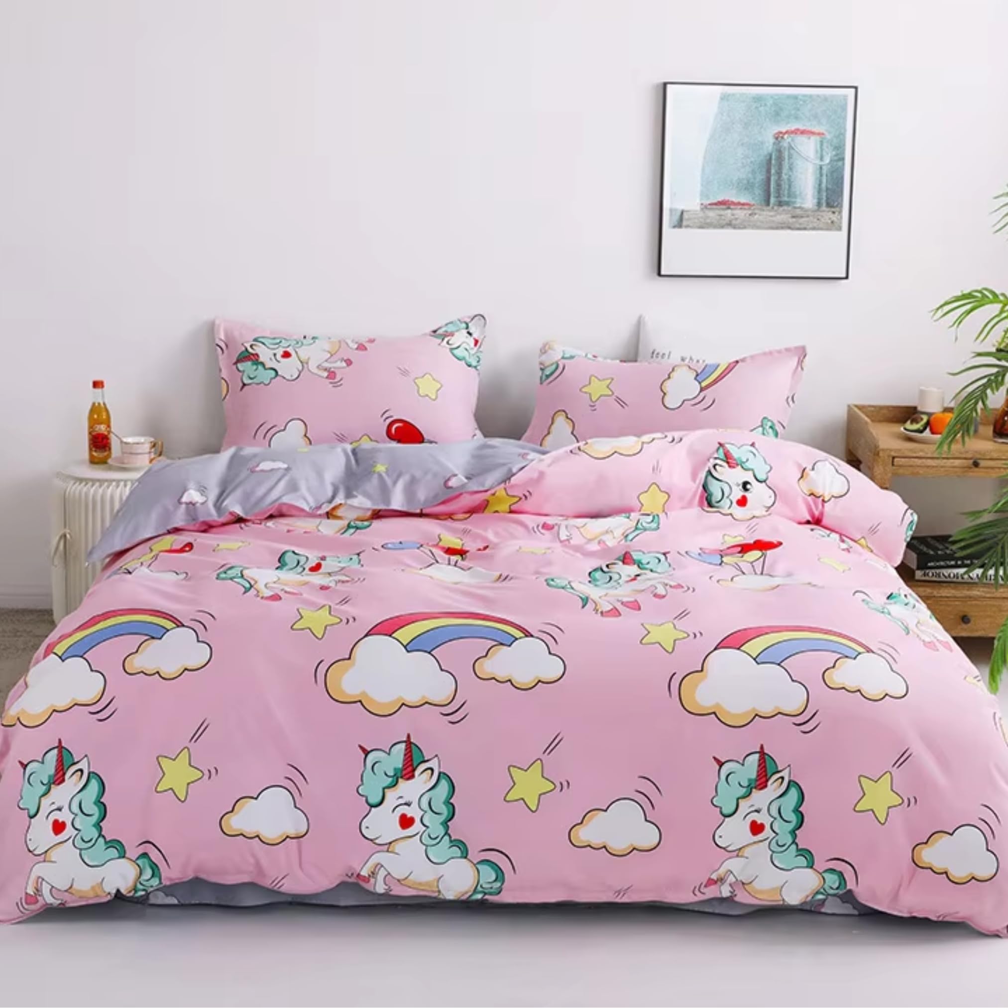 Famyo Super Soft Duvet & Bedding Set for Kids, Printed Queen Bed 250 TC Fitted Bedsheet, 2 Pillows, 150 GSM Reversible AC Comforter/Dohar/Quilt (Pink & Grey Unicorn, 4pc Set and Comforter (5pc))-image-49