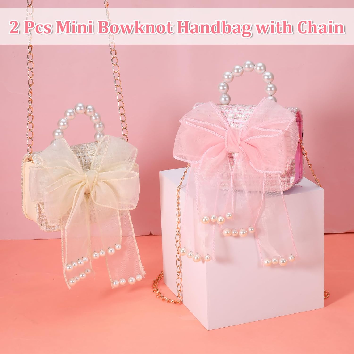 2 Pack Cute Crossbody Purse with Bowknot Shoulder Bag, Purse for Little Girls, Mini Toddler Crossbody Purses, Cute Fashion Princess Handbags with Pearl Handle Detachable Gold Chain - Image 6