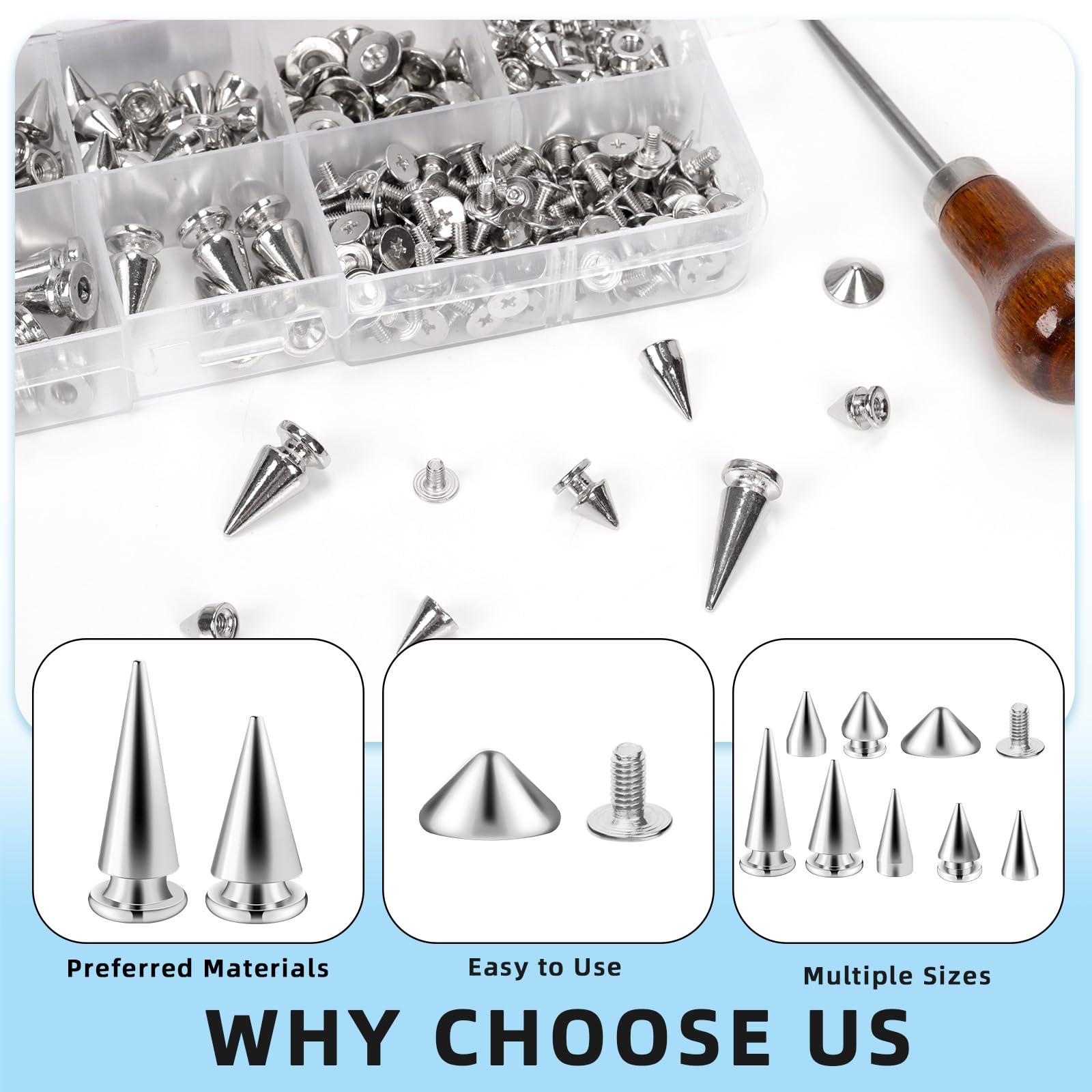 Glarks 355pcs Silver Punk Spikes and Studs Kit, 7 Sizes Zinc Alloy Cone Spike and Stud Rivet - Image 3