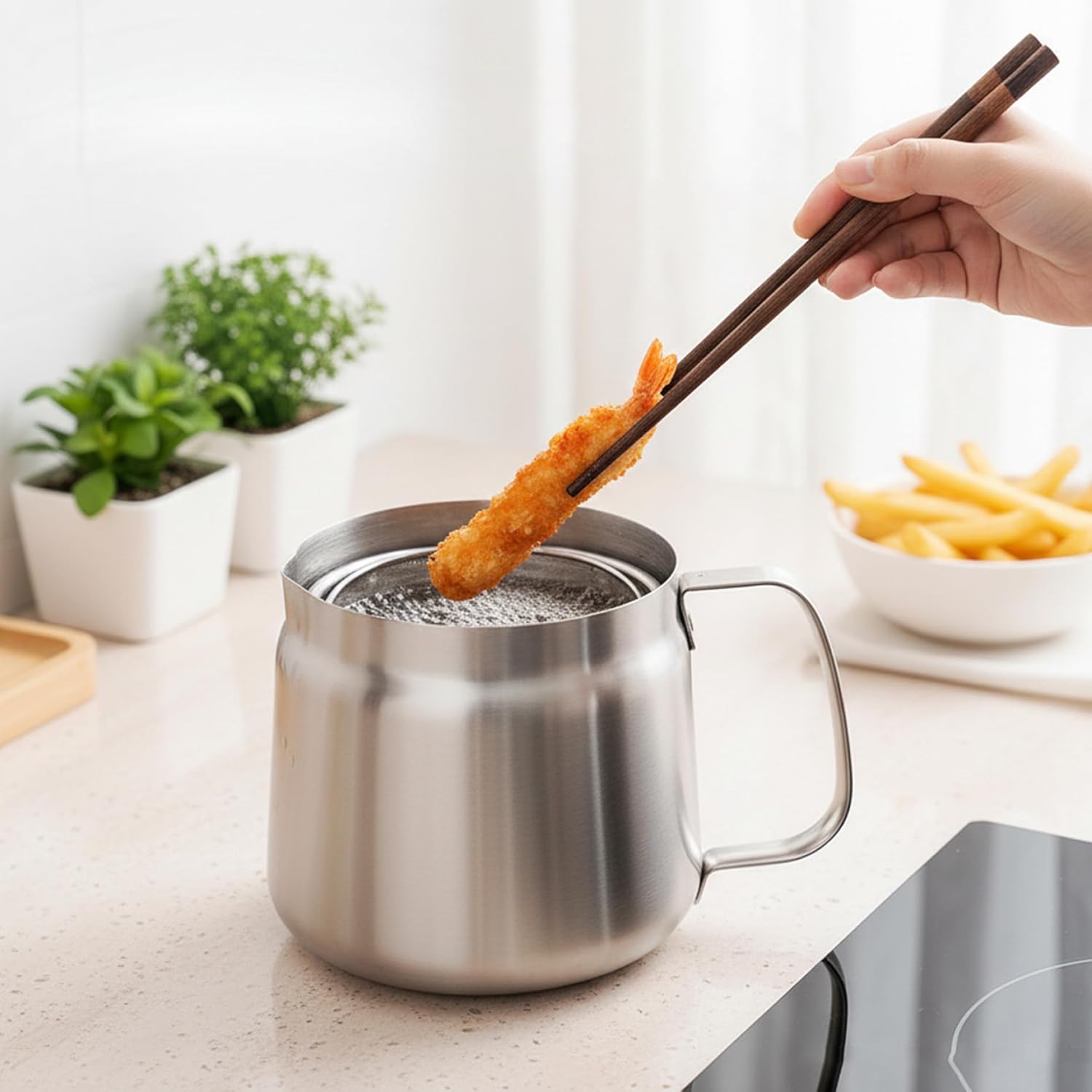 Mini Fryer Stainless Steel Fryer, 2L Large Multi-functional Pot with Basket & Strainer & Lid Fine Mesh Filter Cooking Oil Container for Kitchen