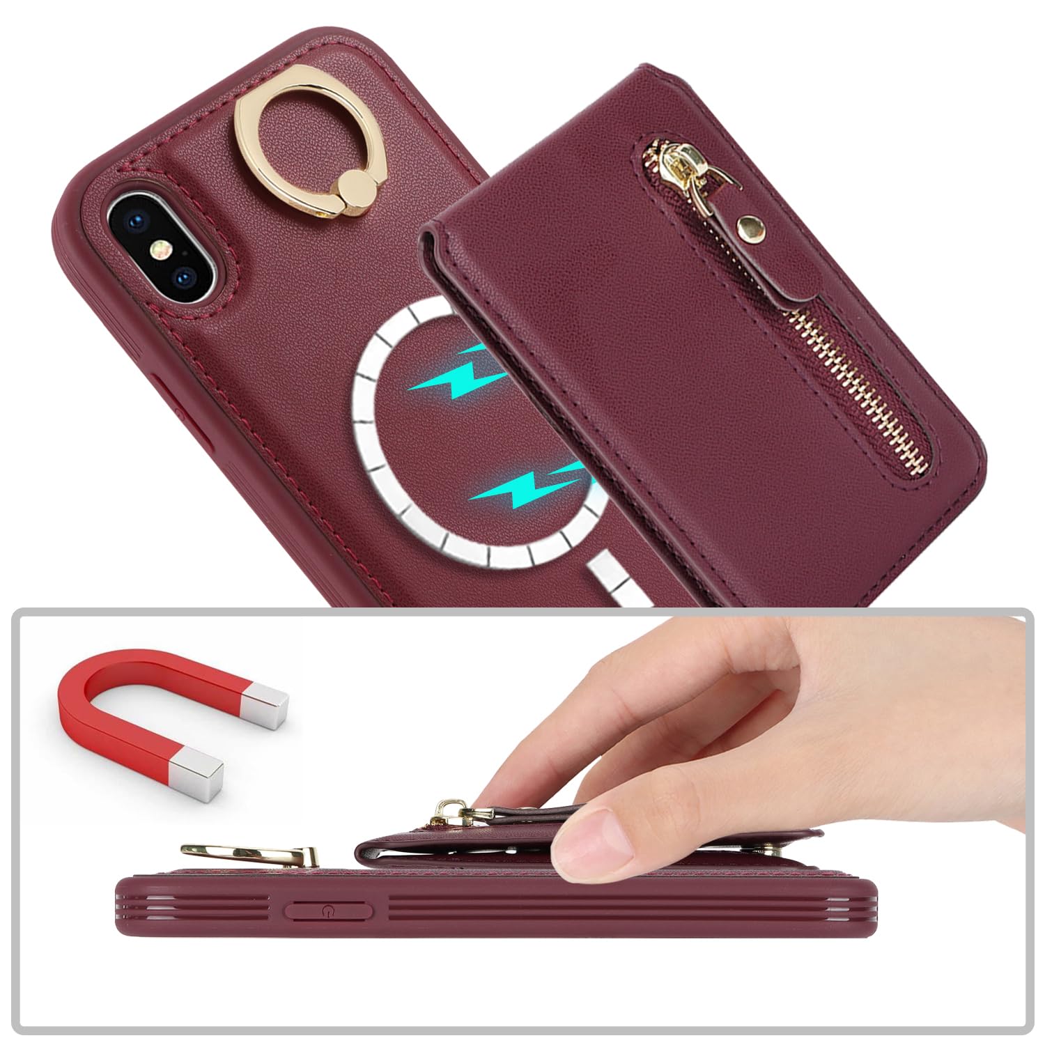 SailorTech iPhone X/XS Case with Card Holder, Ring Stand, Kickstand - Burgundy - Image 3