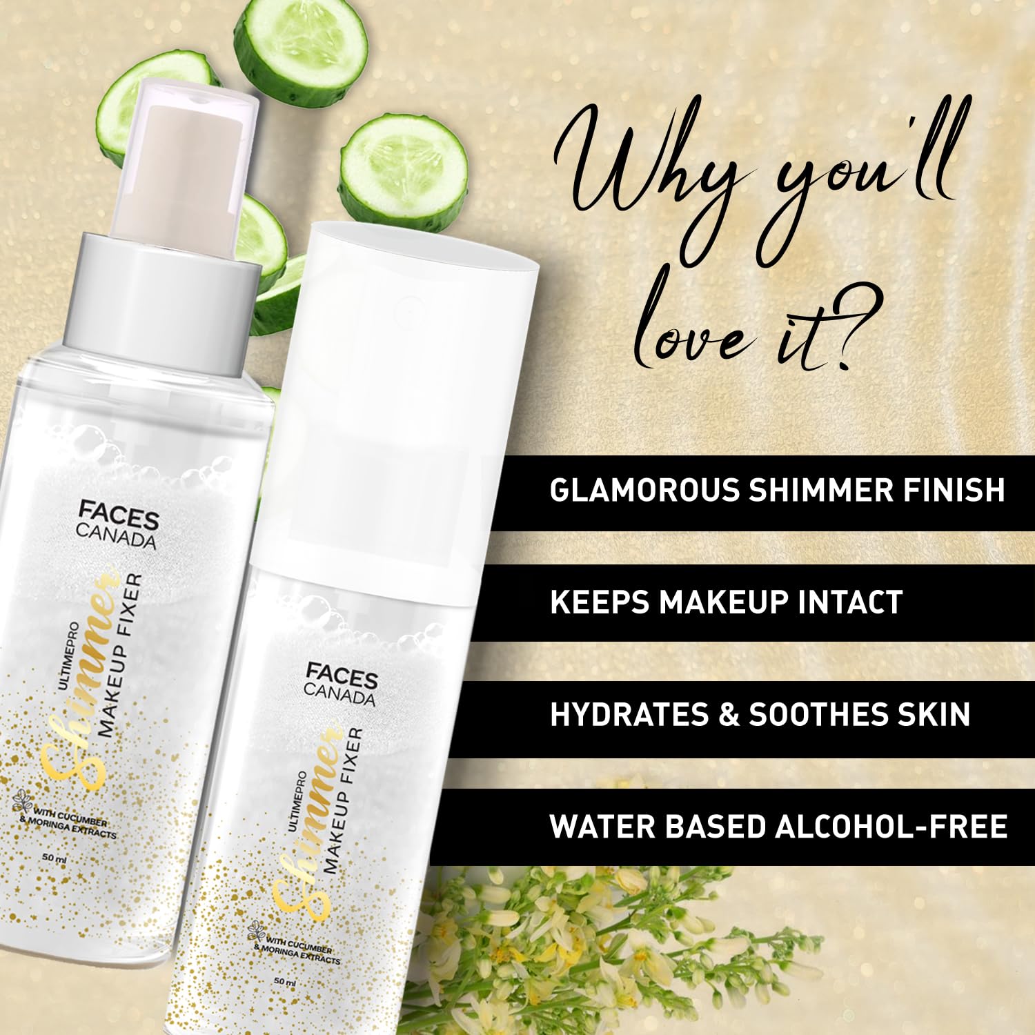 FACES CANADA Ultime Pro Shimmer Makeup Fixer, 50ml | Long Lasting Makeup Setting Spray | Keeps Makeup Intact | Glamourous Shimmer Finish | Hydrates, Soothes & Refreshes Skin | Alcohol Free - Image 6 thumbnail