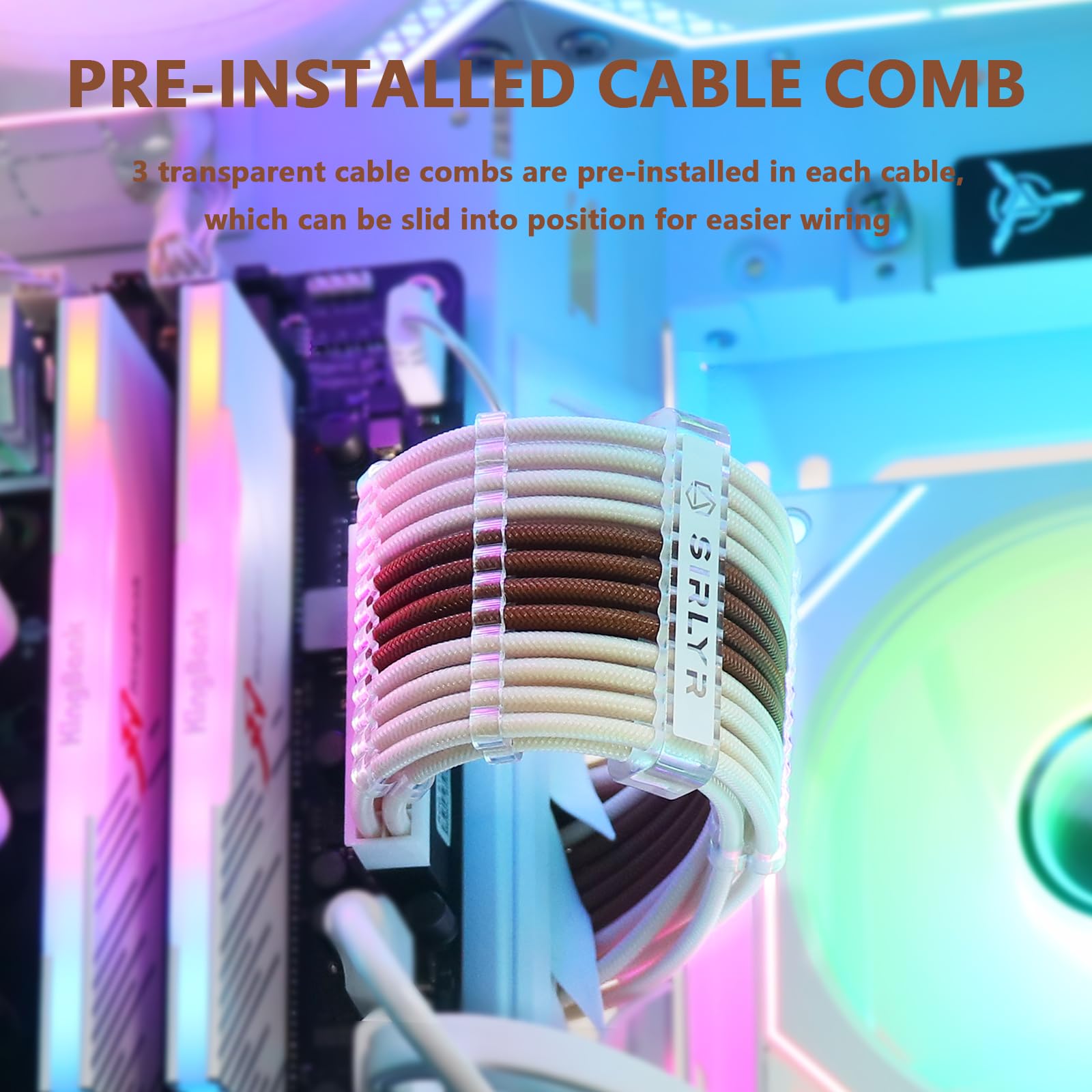 Sirlyr Extension de câble d'alimentation pour PC, 1 câble d'alimentation PC pré-plié, 1 ATX 24 broches/1 x 8 (4 + 4) broches EPS/plus long, 2 x 8 (6 + 2) broches dorées, gaine en nylon marron beige, 4