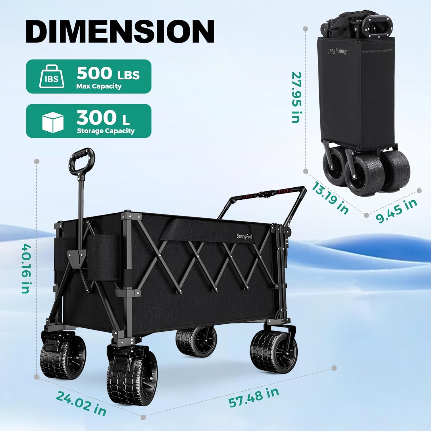 SUNNYFEEL Push & Pull Wagon Foldable 500LBS Wagon Cart Foldable wtih Push Handle,Tailgate for Camping Garden Sports Shopping, Black