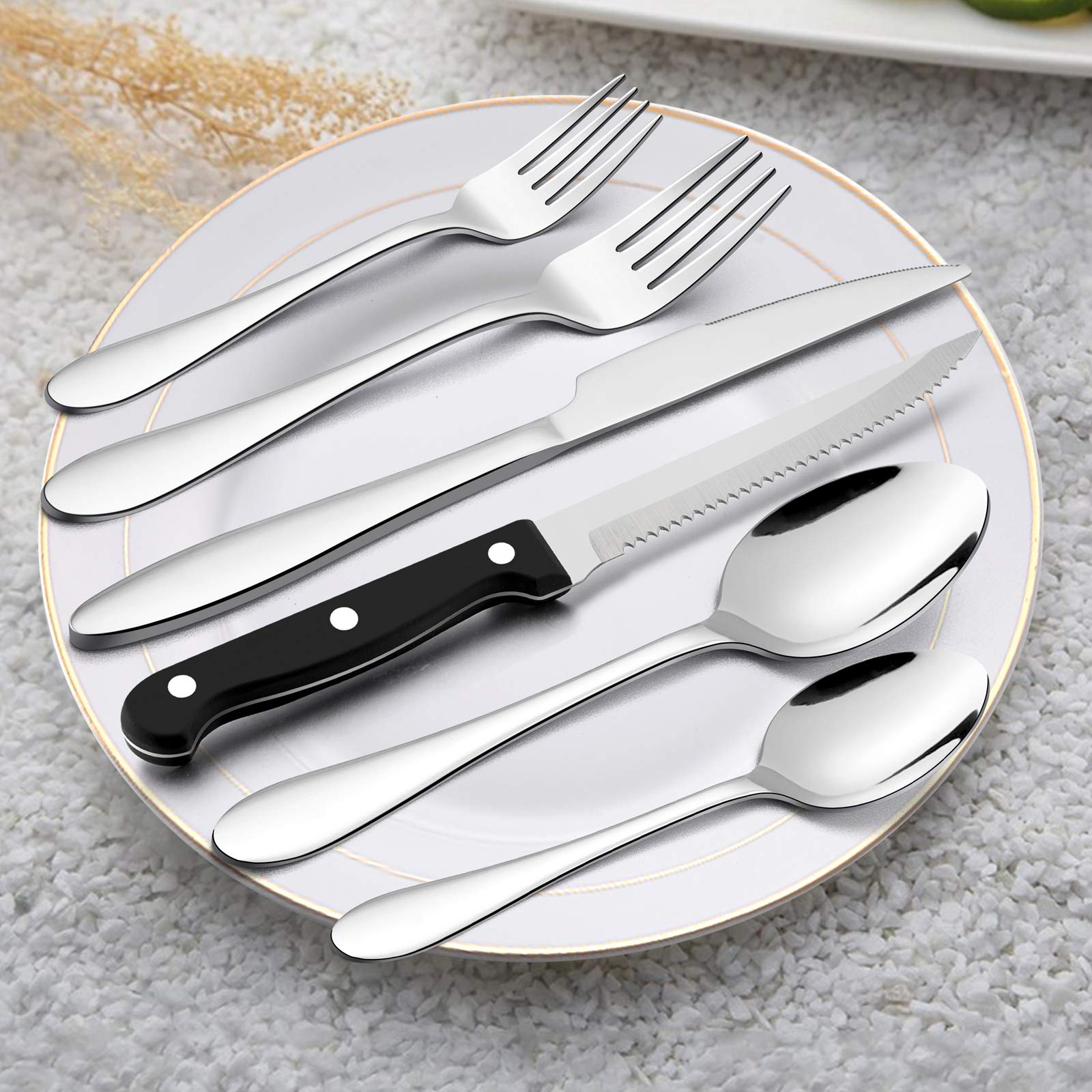 HaWare Service d'argenterie de 72 pièces avec 12 couteaux à steak, couverts en acier inoxydable pour 12 personnes, couverts avec fourchettes, couteaux, cuillères, poli miroir, passe au lave-vaisselle