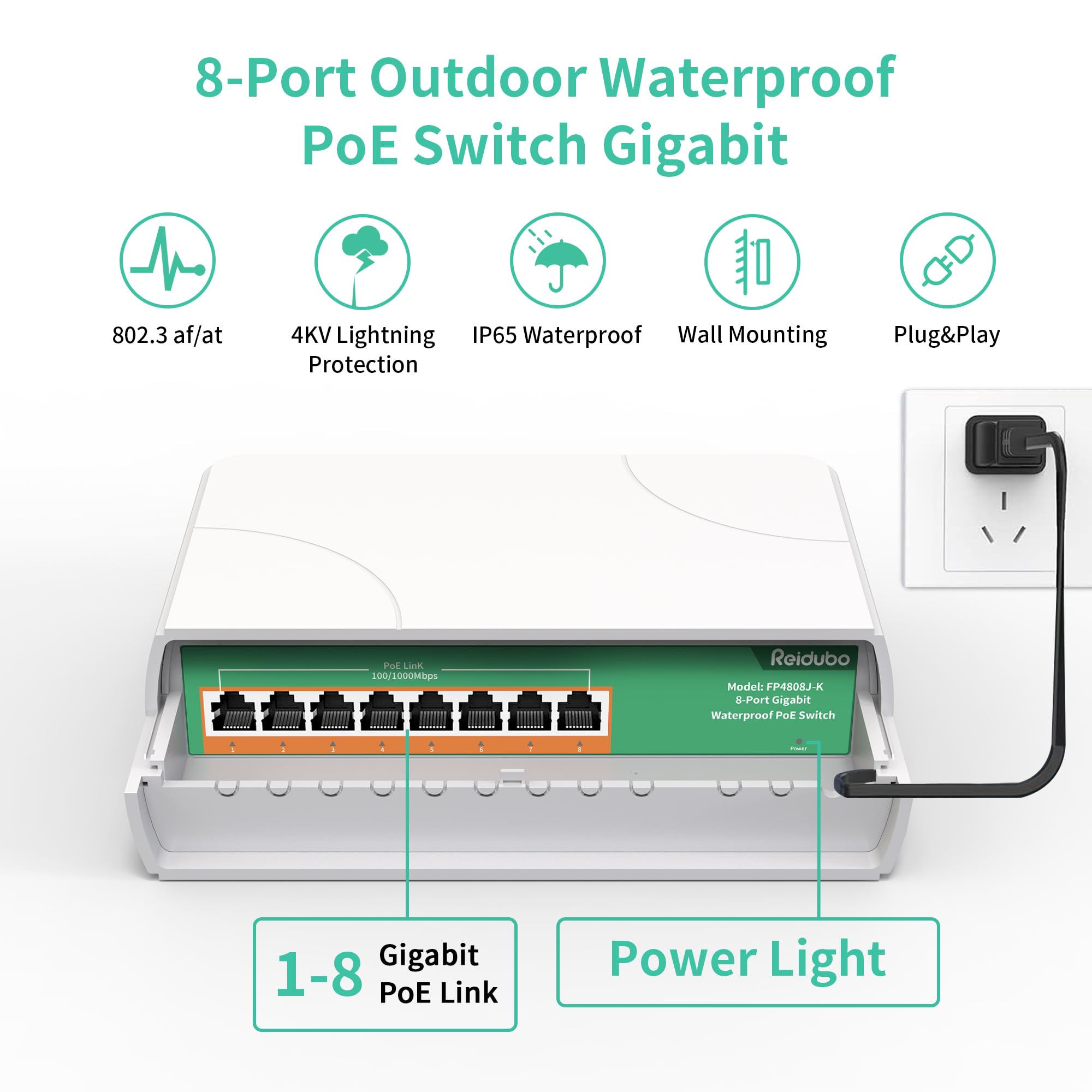 Reidubo 8 Port Gigabit PoE Switch Waterproof, 1000 Mbps 8 PoE+ Ports 120W, IEEE802.3af/at Power Over Ethernet Unmanaged Outdoor Network Switch, Plug & Play
