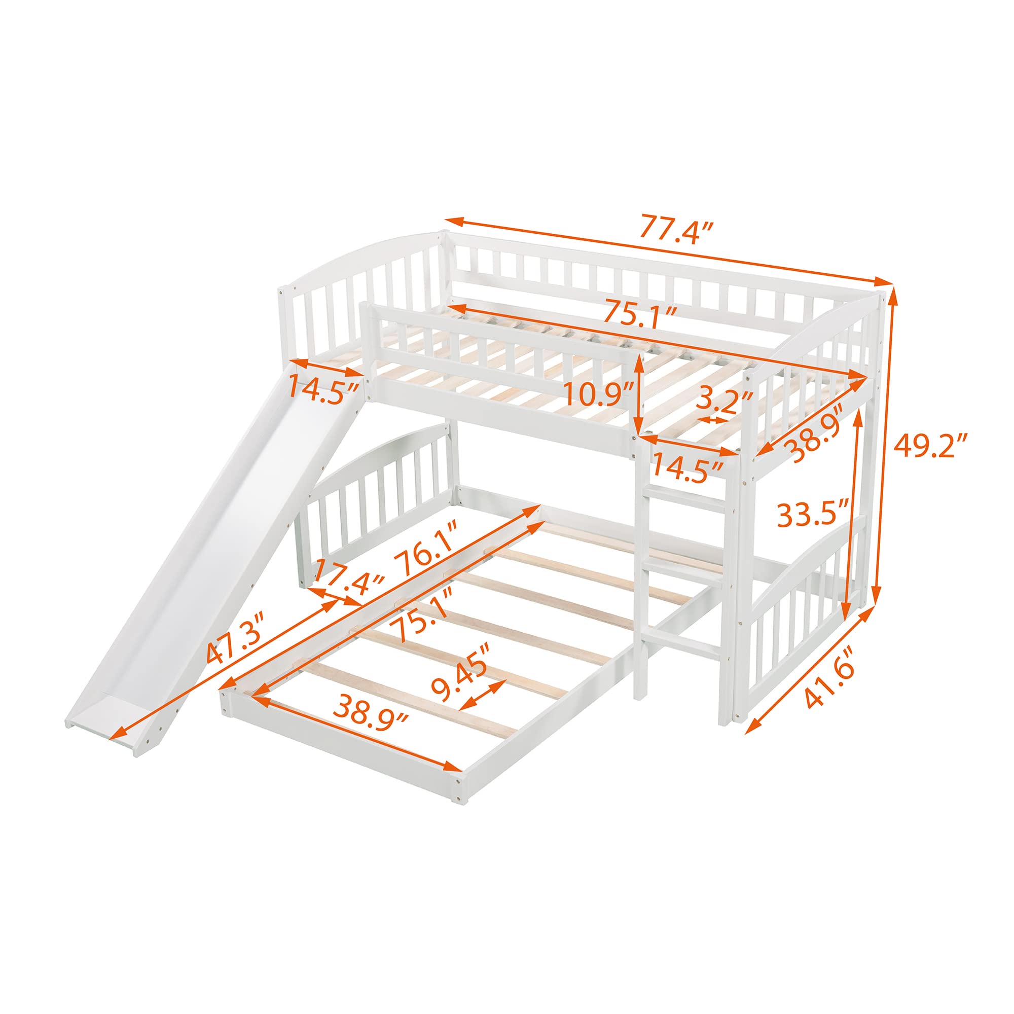 (Incomplete 2 of 2 ) Oudiec Twin Over Twin Bunk Bed with Slide and Ladder,Wood Bed Frame with Safety Guardrail for Boys/Girls/Teens/Kids Bedroom,No Box Spring Needed,White