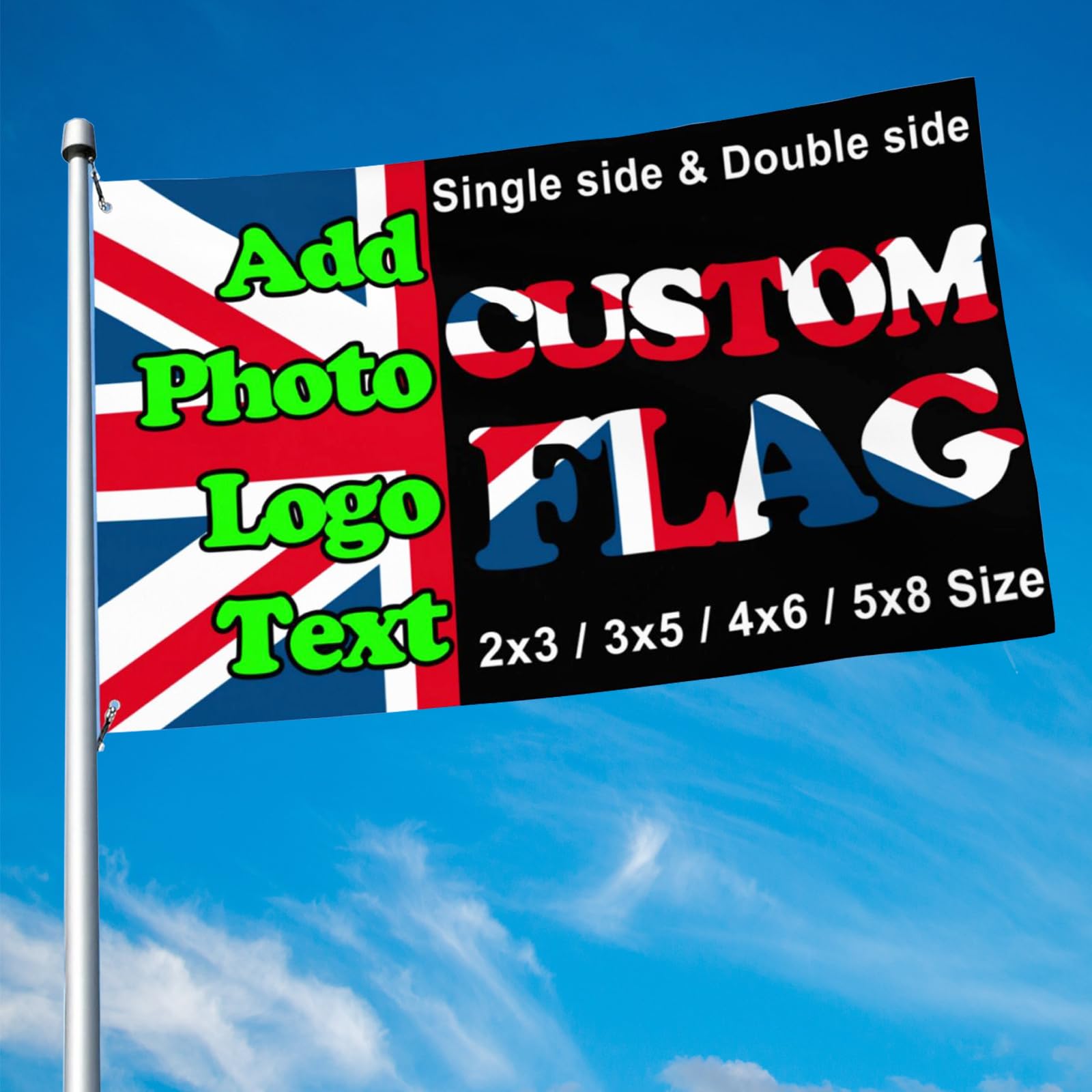 Custom Photo, Logo, Text Banner - Personalized With Eyelets, Single/Double Sided Printing - 3ft x 2ft/5ft x 3ft/6ft x 4ft/8ft x 5ft Flag for Garden, Camping