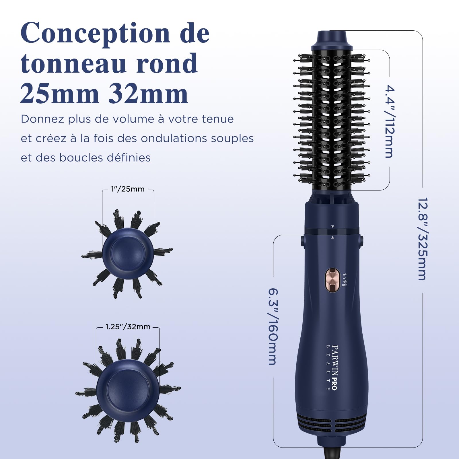 PARWIN PRO BEAUTY Brosse Soufflante 4 en 1, sèche-cheveux | Volume rapide, boucles, lissage, 3 températures, céramique, soin ionique, 1100 watts, Bleu