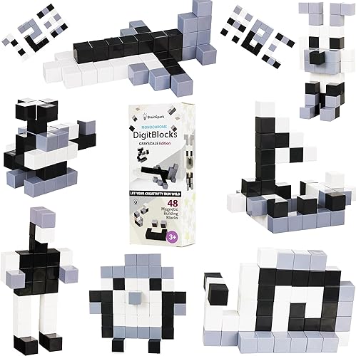 BrainSpark Juego de 48 cubos de construcción magnéticos de bloques digitales, color negro, blanco y gris, juguetes magnéticos para educación STEM
