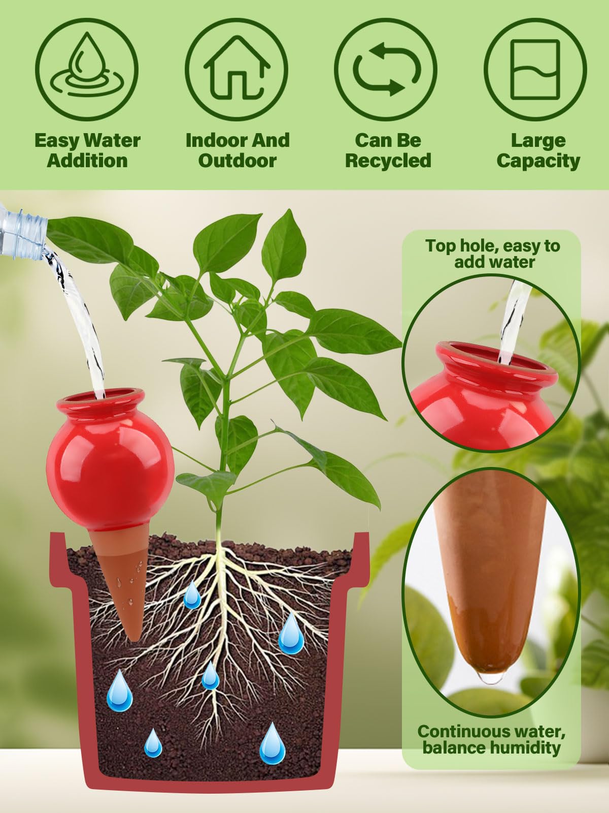 Kalolary Confezione da 4 Coni Autoirriganti in Terracotta, Globi Decorativi per Irrigazione Piante - Sistema Automatico di Innaffiatura per Piante da Interno ed Esterno (1, Bottiglia di Vino)
