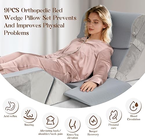 Miniatura 5 de 9PCS Orthopedic Bed Wedge Pillow Set,Memory Foam Wedge Pillow, For Sitting Up In Bed to Read, Watch TV, Use Laptop, Removable, Machine-washable