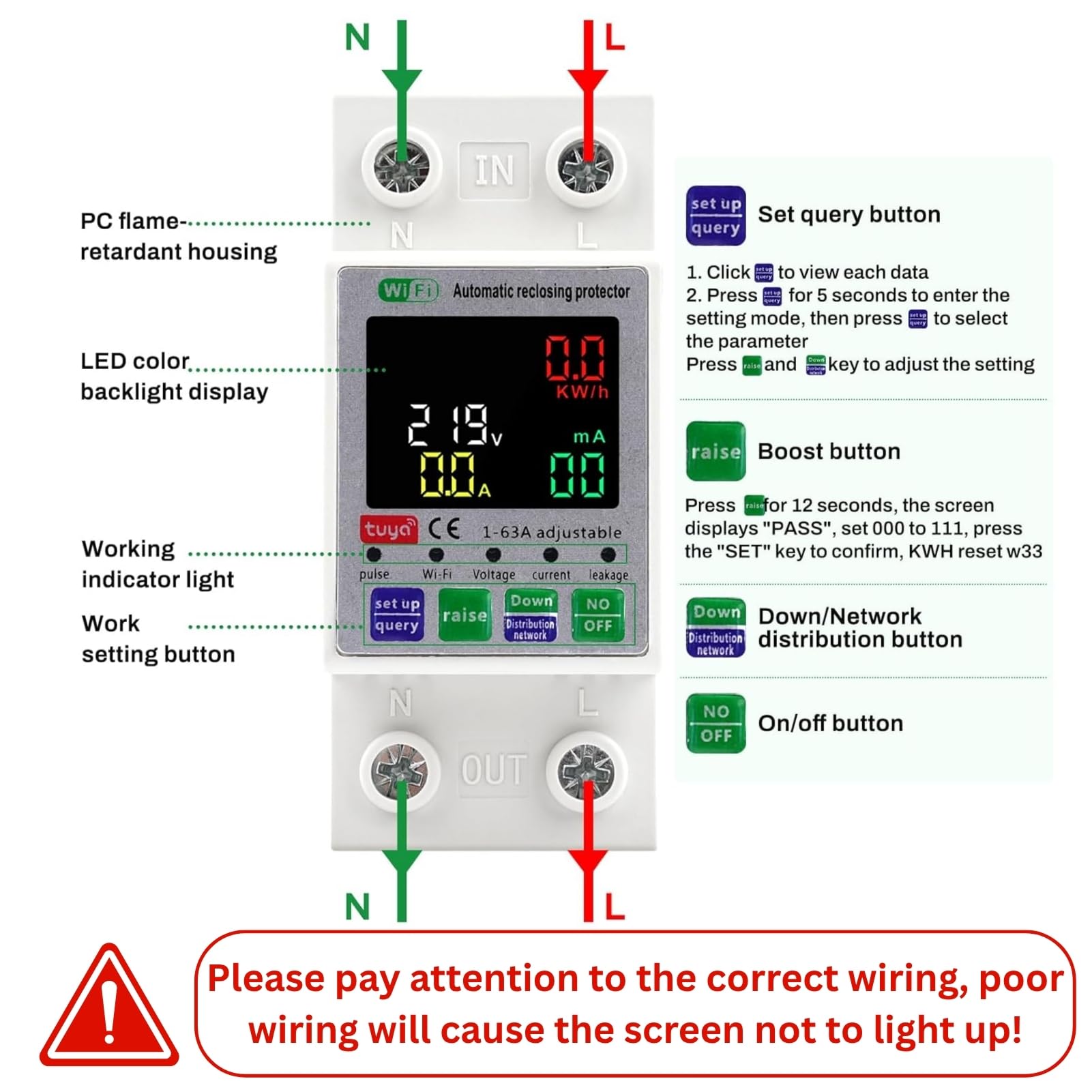 Jadeshay Contatore Energia Elettrica 63A 220V Misuratore Consumo Elettrico WiFi Tuya Digitale Misuratore di Consumo Elettrico Magnetotermico Differenziale wifi con Protezione da Sovraccarico