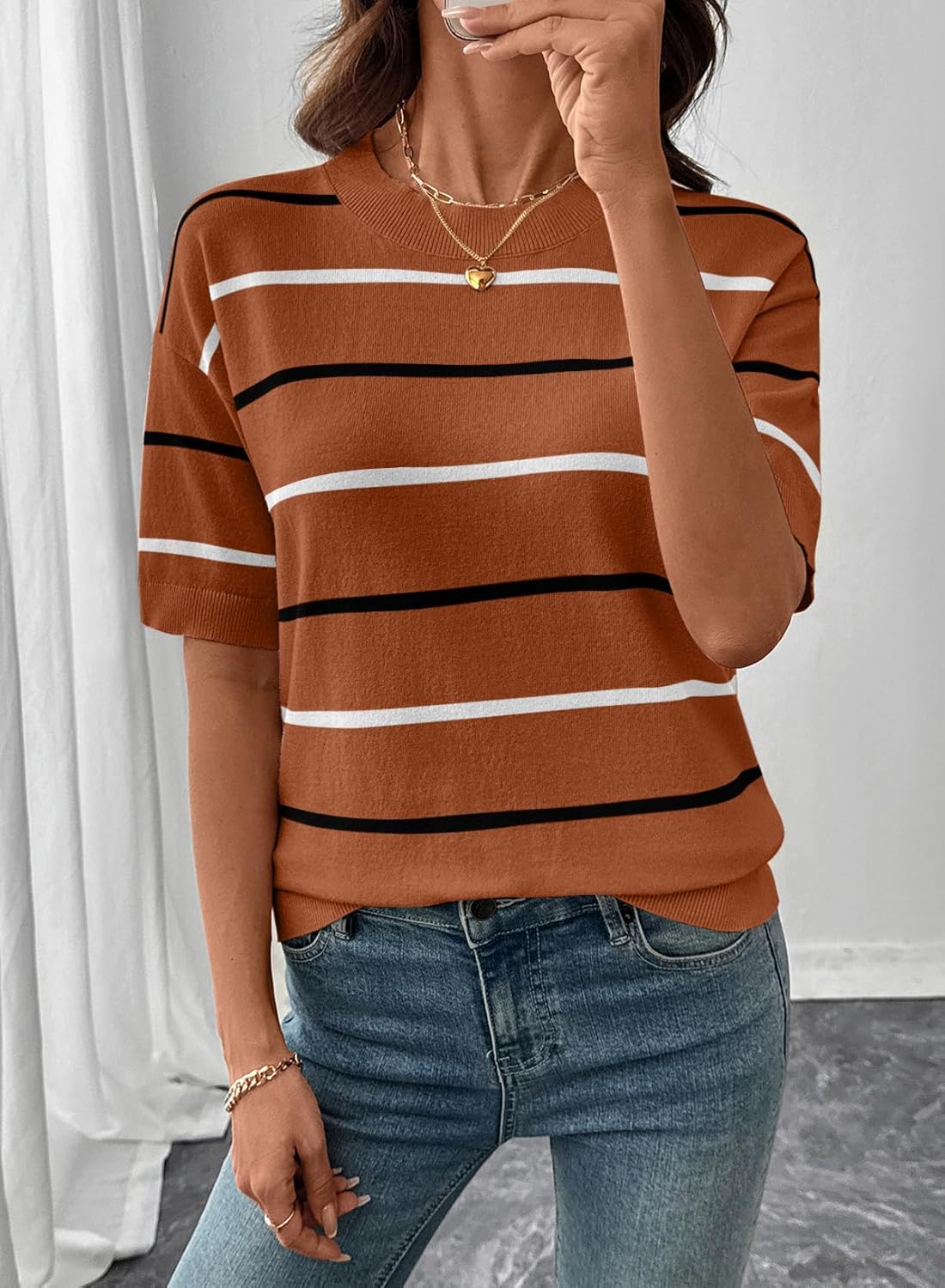 SHEWIN Womens Tops Crewneck Short Sleeve Sweater Pullover Knit Striped Shirt Spring Outfits for Women 2026 - Image 2