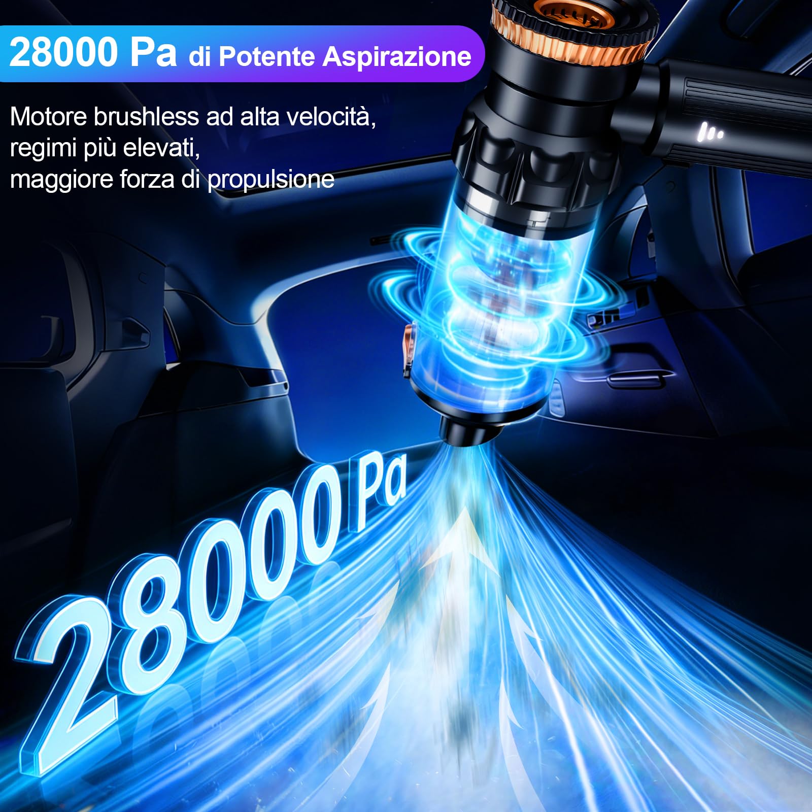 28000Pa Aspirapolvere Auto Potente, 4-in-1 Aspirabriciole Senza Fili | Portatile con Motore Senza Spazzole, Aspira Briciole con 3 Livelli di Velocità & One-Touch Dust Dump per Auto/Camper