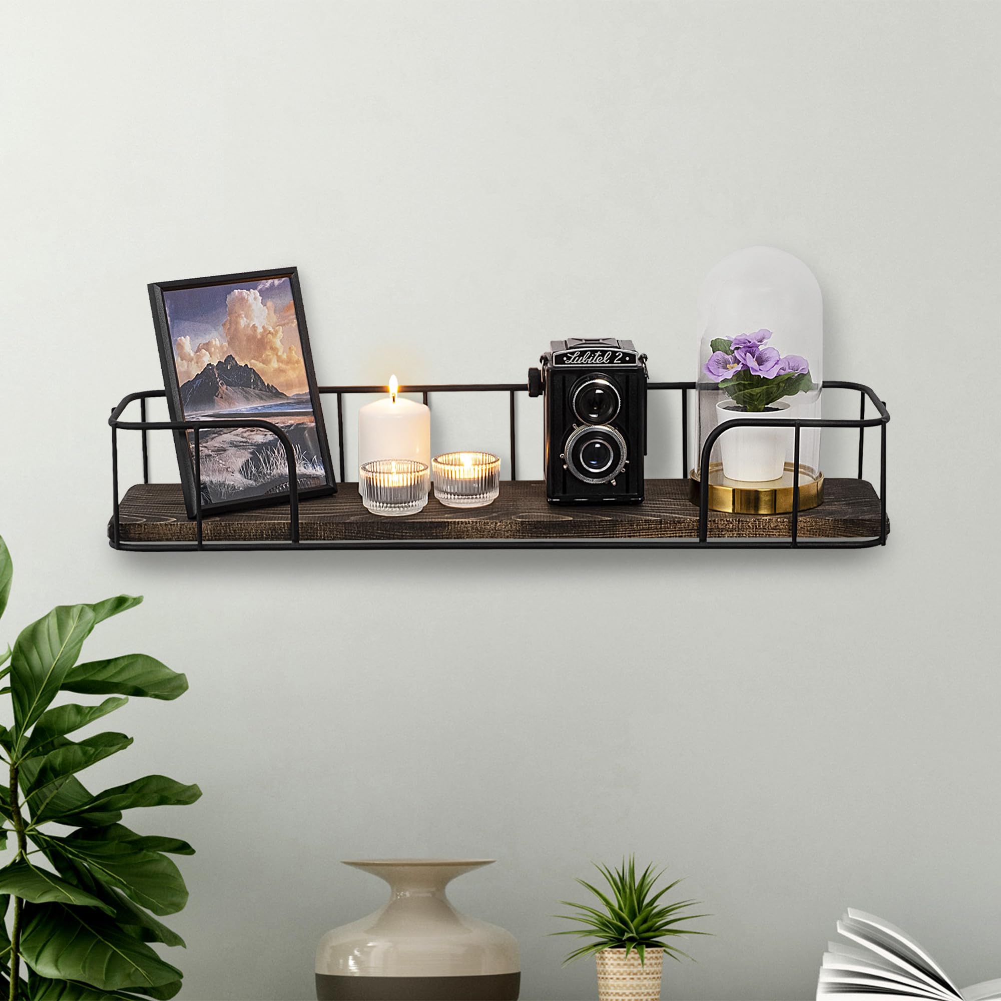 Deconation - Estantería de pared de madera de abeto y metal negro y nogal oscuro 60 x 10 x 15 cm, estilo industrial