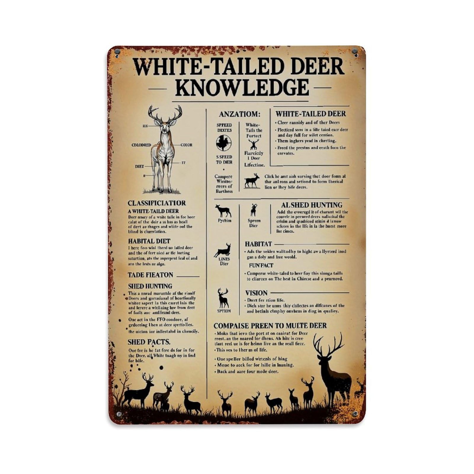 White Tailed Deer Knowledge Poster Retro Metal Tin Sign, Vintage Decor Art Poster for Bar, Home, Man Cave, Kitchen, Laundry Room Gift 8x12Inch