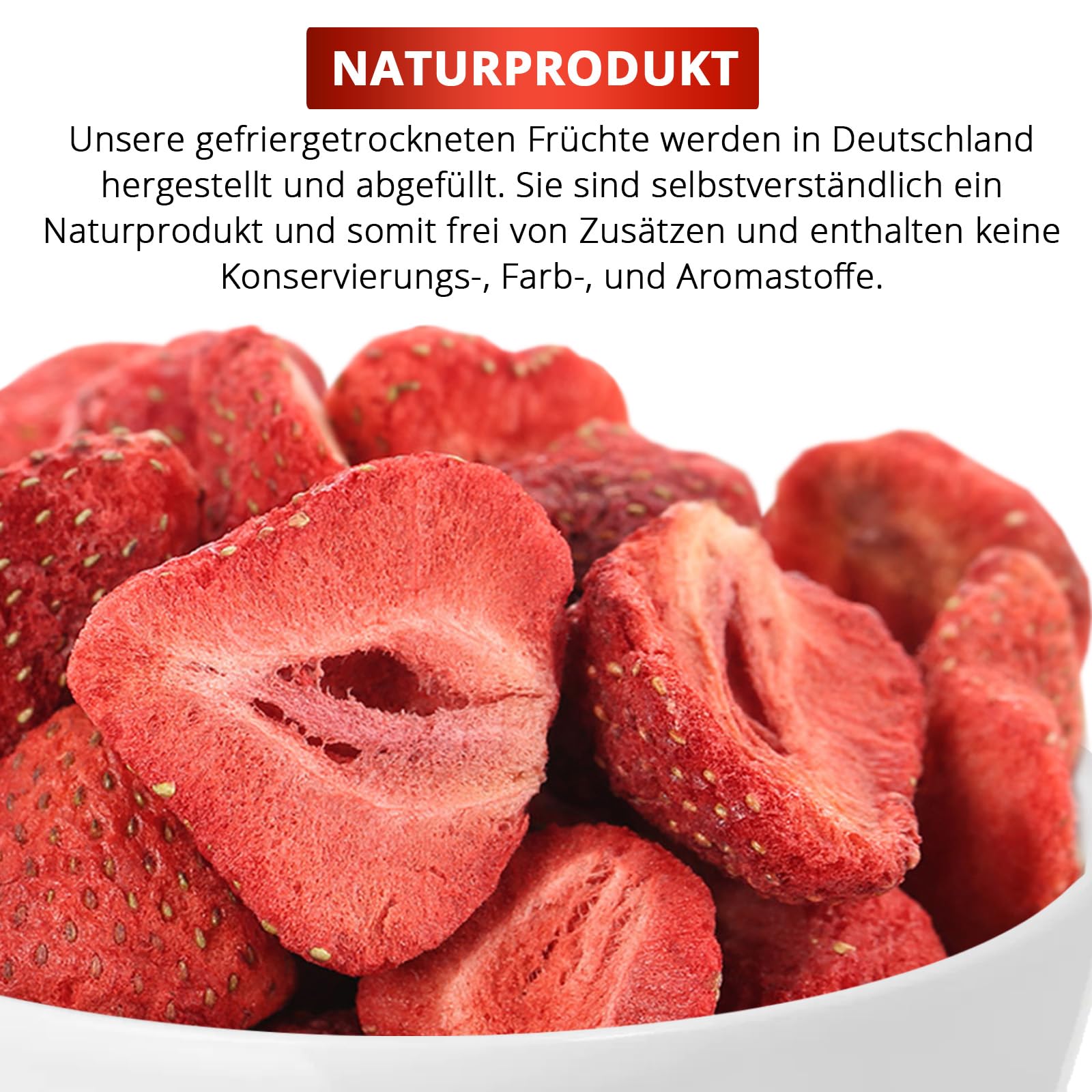 Gefriergetrocknete Erdbeeren 400g – 100% Frucht, ohne Zuckerzusatz – knusprige Erdbeerchips in SCHEIBEN – ideal für Müsli, Smoothie & Backen. Meerbach & Rose – Premium Qualität aus Deutschland.