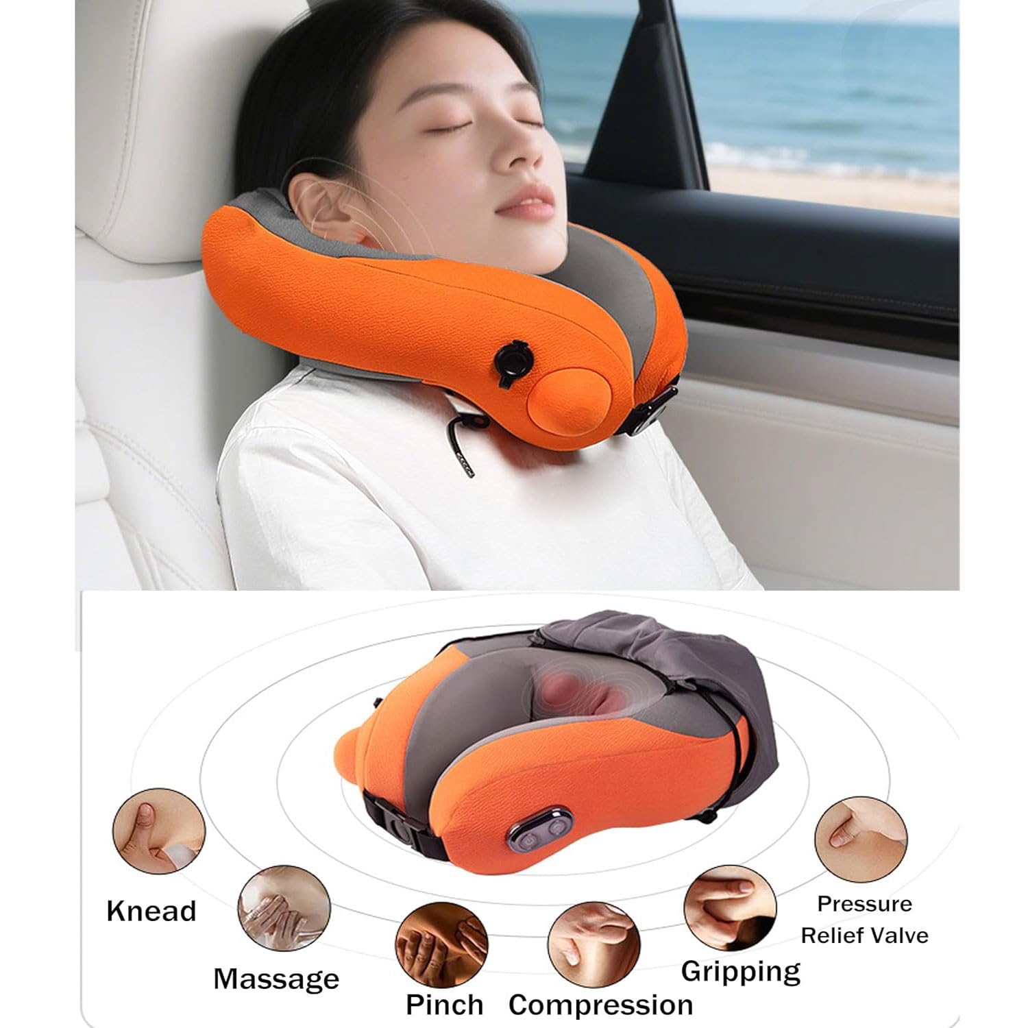 Travelzen Hooded Massage Pillow, Travel Zen Neck Pillow, Nackenkissen Flugzeug mit Kapuze, 3D-Dual-Core-Nackenmassagegerät mit Knetfunktion, Aufblasbares Reisekissen für Flugzeug, Auto, Zug (Orange)