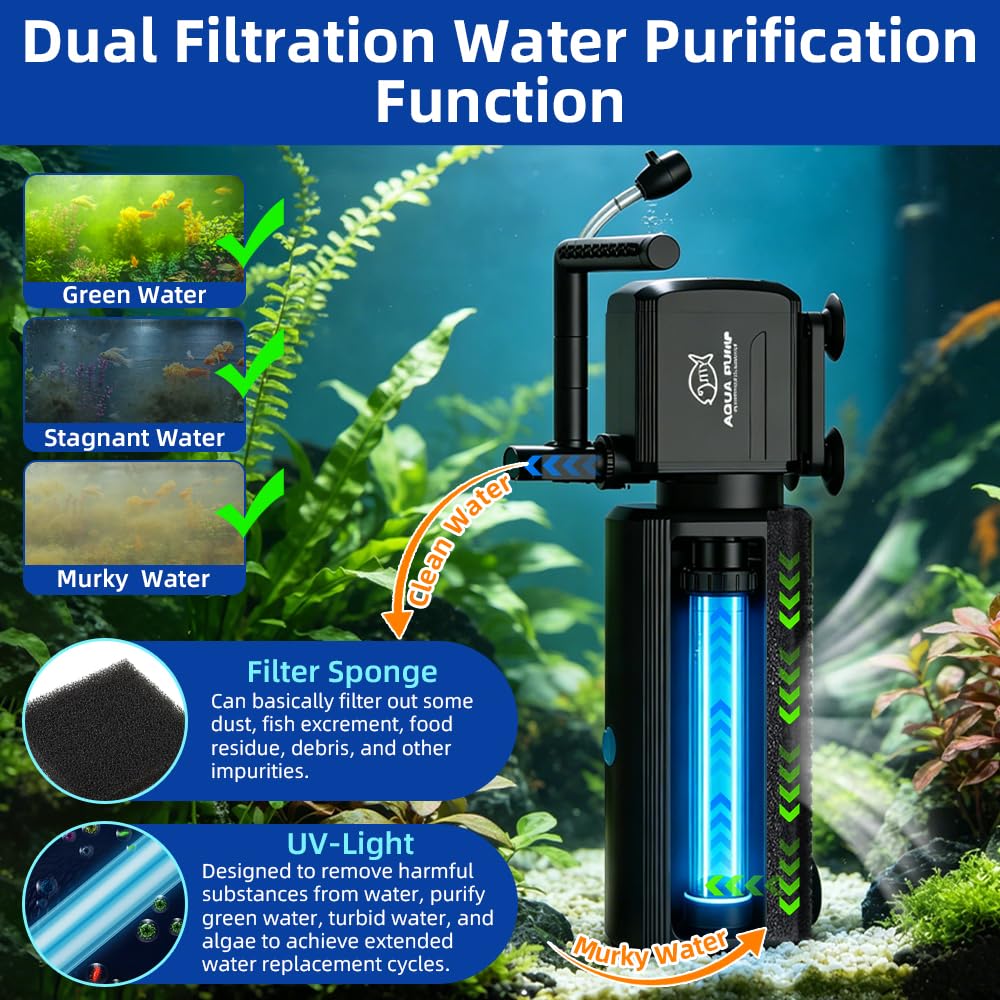 Filtro de acuario 4 en 1, filtro de luz U-V con temporizador, bomba interna de acuario con modo de bombeo de agua de lluvia de oxigenación para tanques de agua dulce y salada (12 W 1000 L/H)