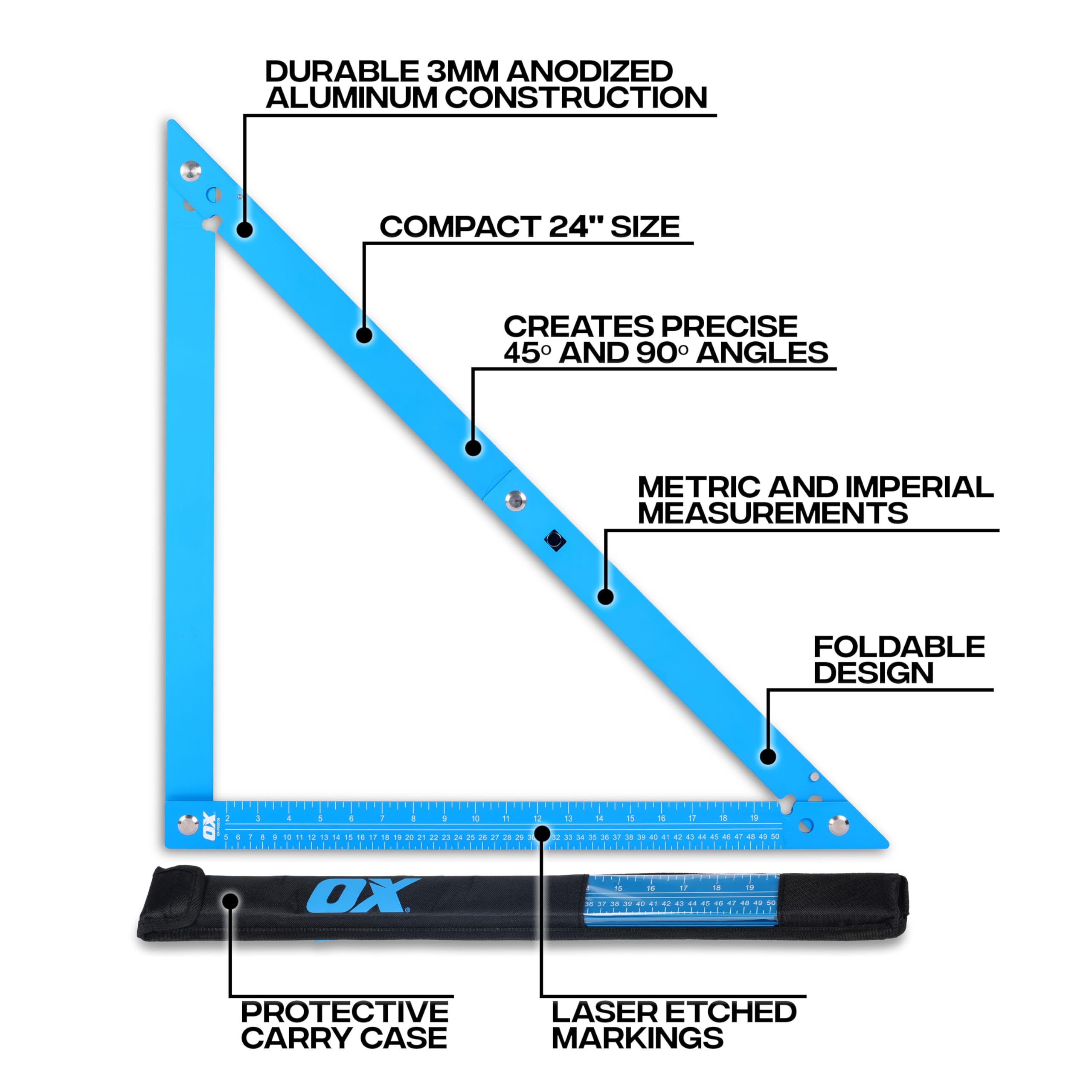 OX Pro - Escuadra plegable de aluminio de 600 mm, para carpinteros, con funda de transporte