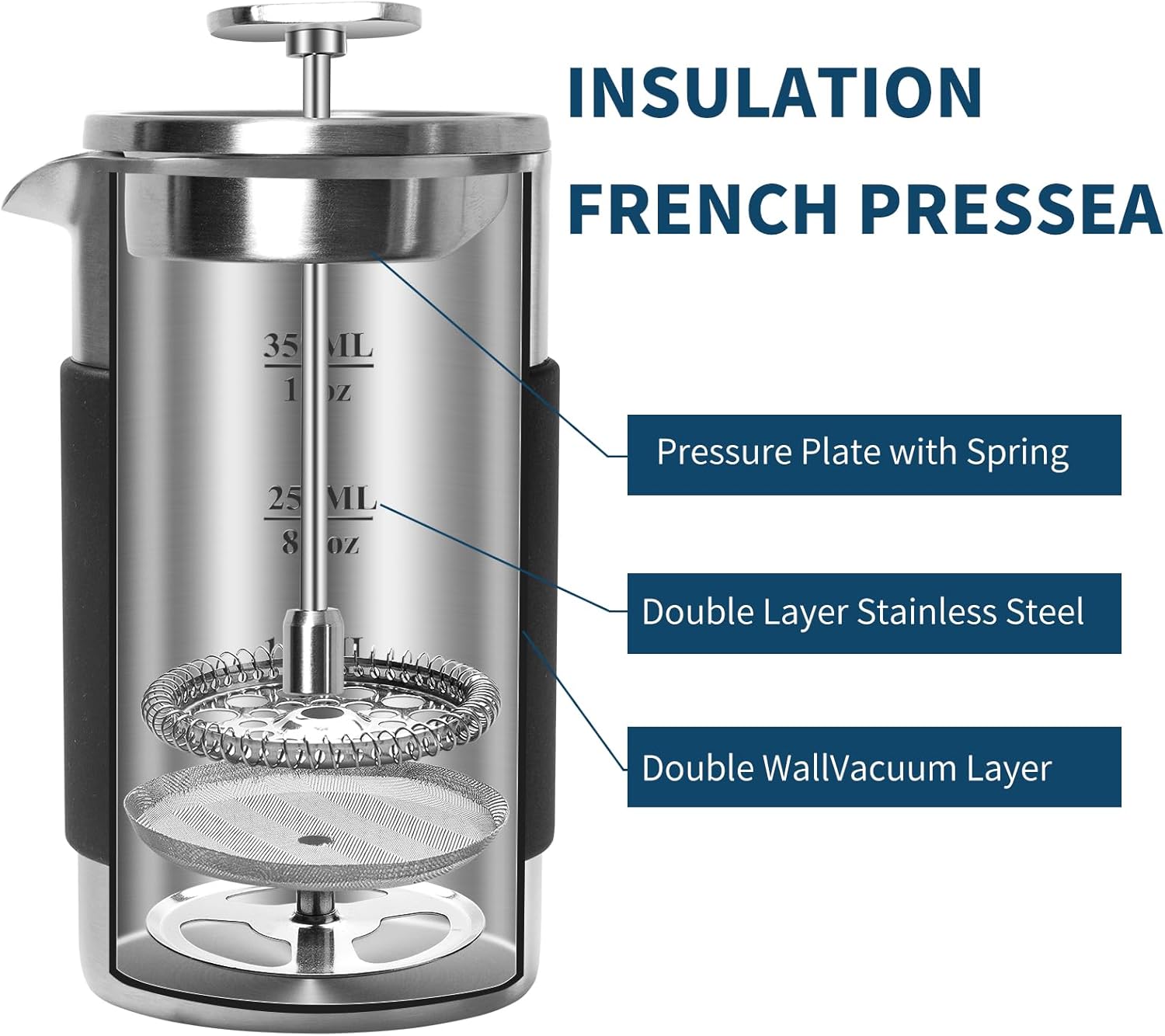 MERMOO YILAN Handleless French Press Coffee Maker - 12 oz Stainless Steel Insulated 3-in-1 Press for Coffee, Tea & Milk Frother with Detachable Silicone Sleeve | Space Saving Design