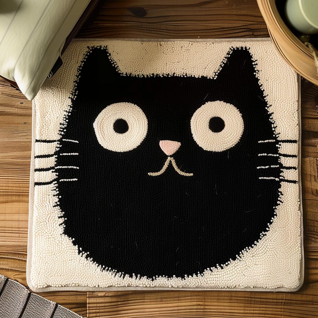 Generic Cute Black Cat Latch Hook Rug Kits for Kids Beginner Easy Little Tapestry DIY Hook and Latch Mat Needlework Crochet Yarn Color Printed 30x30cm