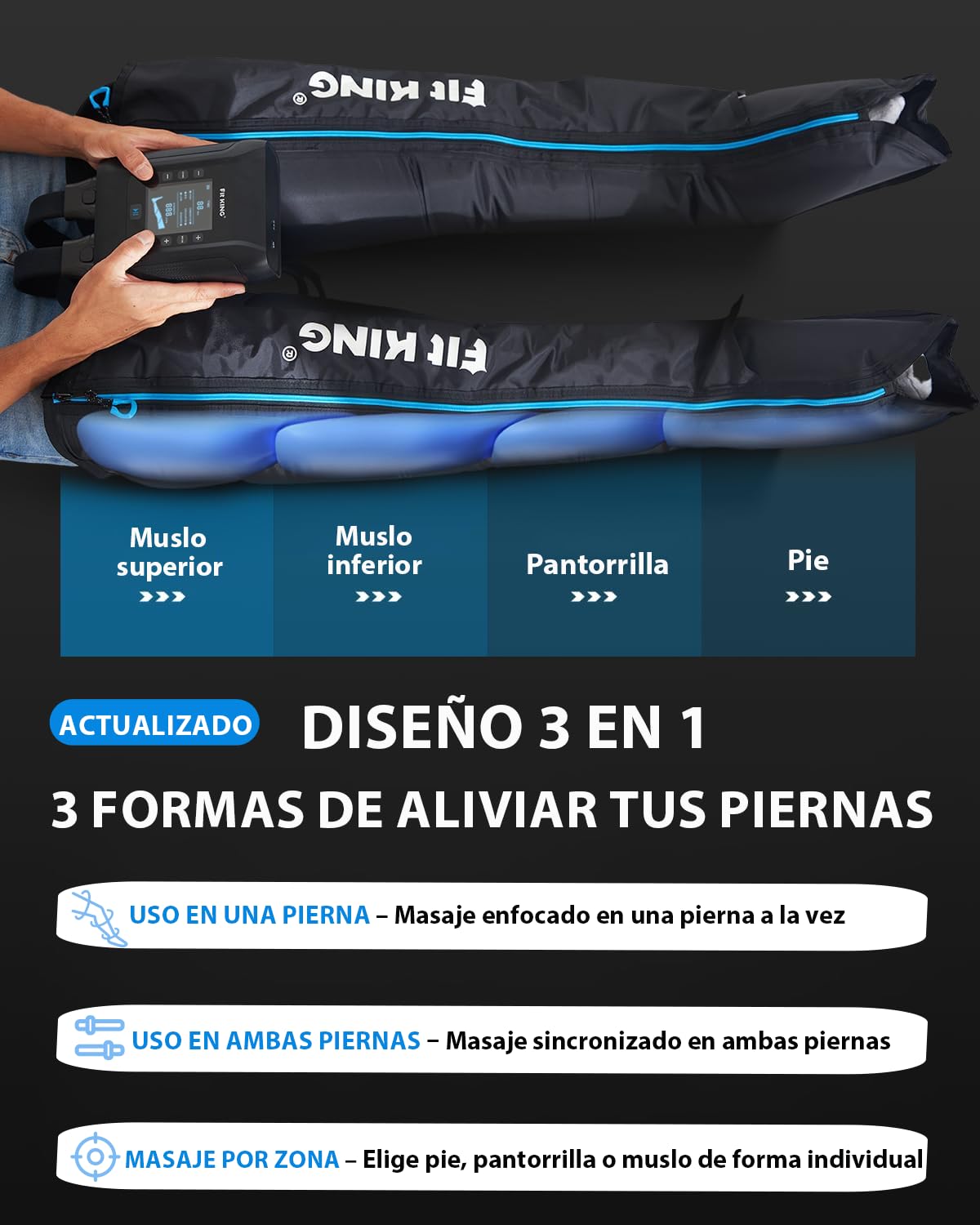 FIT KING Inalámbrico Masajeador de Piernas, Botas Presoterapia para Piernas Recargable Masajeador para el Dolor y la Circulación Sistema de Recuperación Rápida Relajación Post-Entrenamiento(Medio)