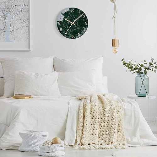Miniatura 7 de VIKMARI Reloj de pared de cristal verde esmeralda, silencioso, sin tictac, funciona con pilas, 10 pulgadas, textura moderna de mármol, decoración