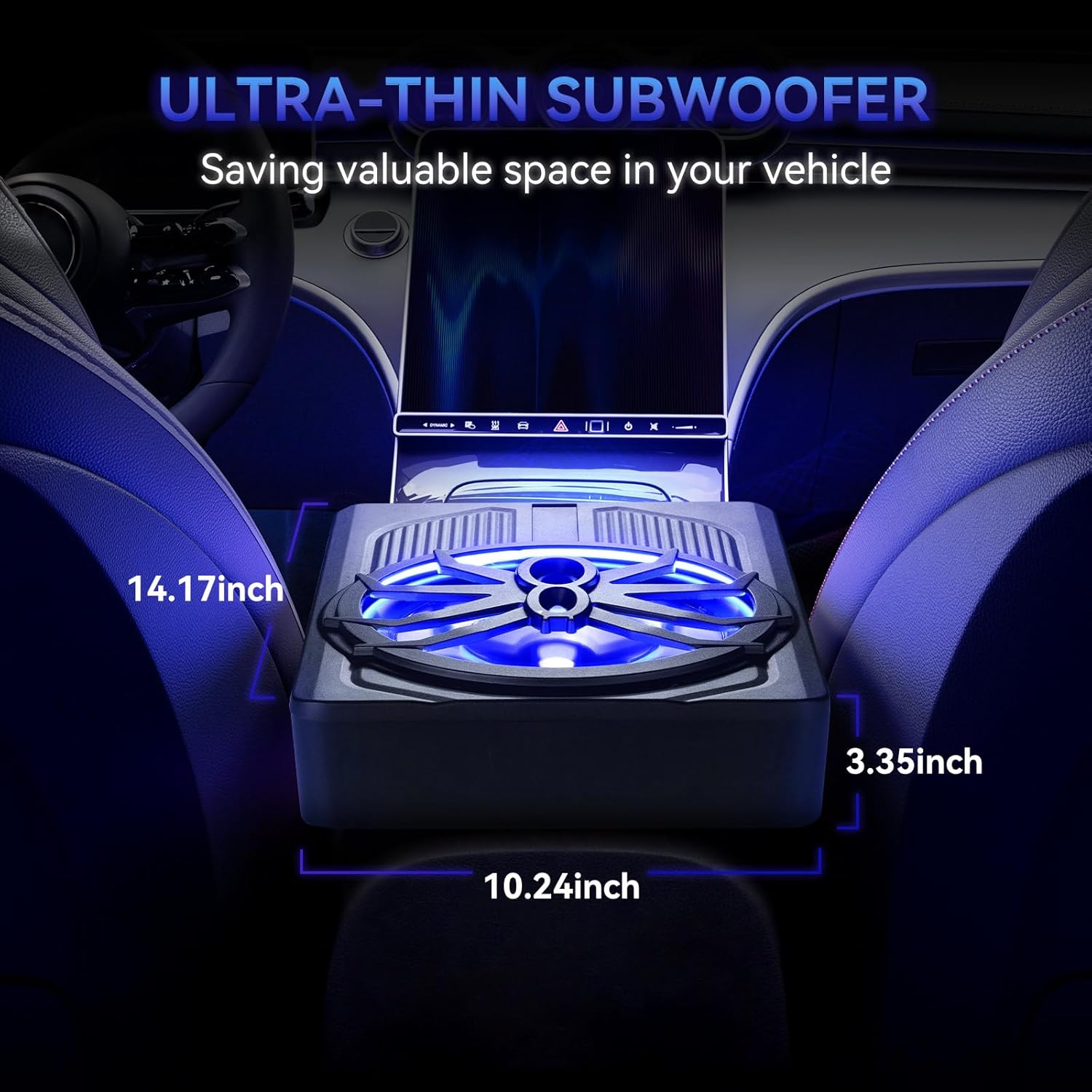 Andeman 10-inch Subwoofer dimensions, showing 14.17 inches length, 10.24 inches width, and 3.35 inches height.