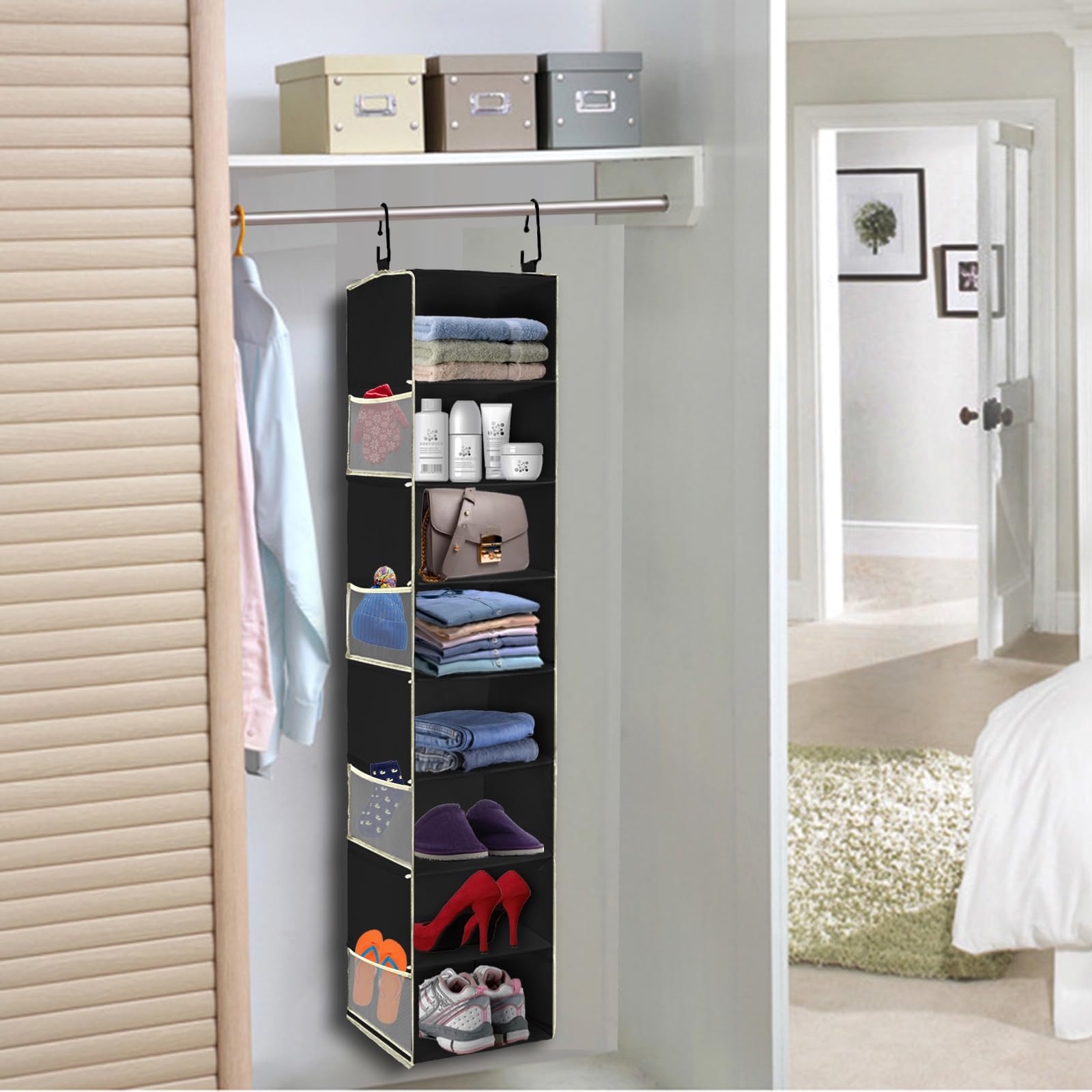 Organizador de zapatos colgante de gran tamaño, 8 estantes, organizador de armario colgante con 8 bolsillos laterales, estantes colgantes más anchos para guardar zapatos, ropa, 9 pulgadas de